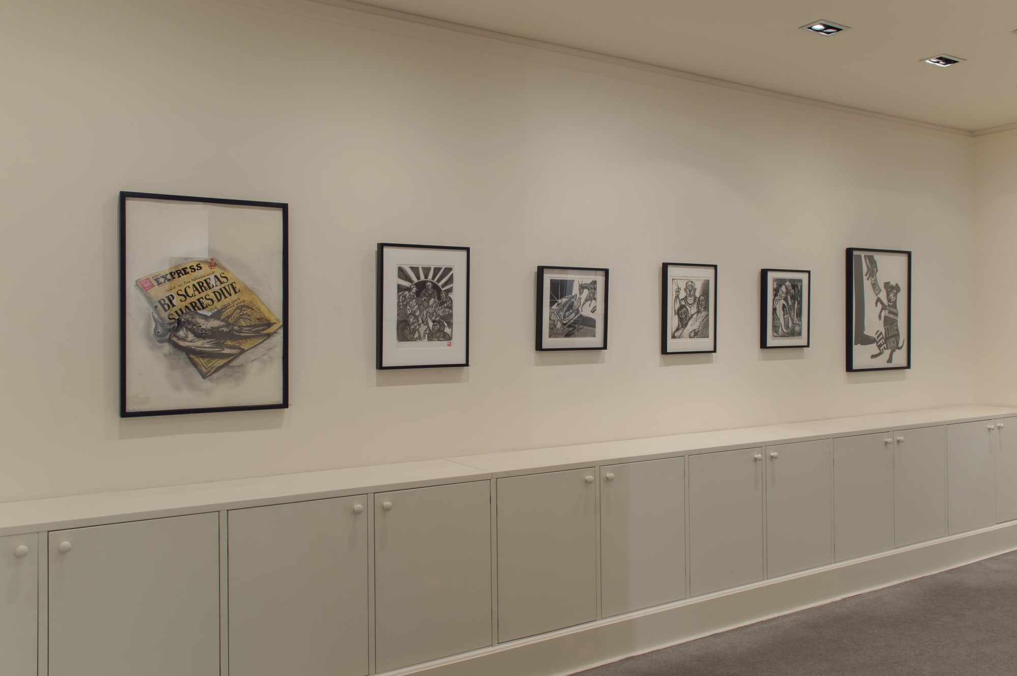 Installation photos of the exhibition "Sue Coe: It Can Happen Here," Galerie St. Etienne, New York, September 14 through December 30, 2020