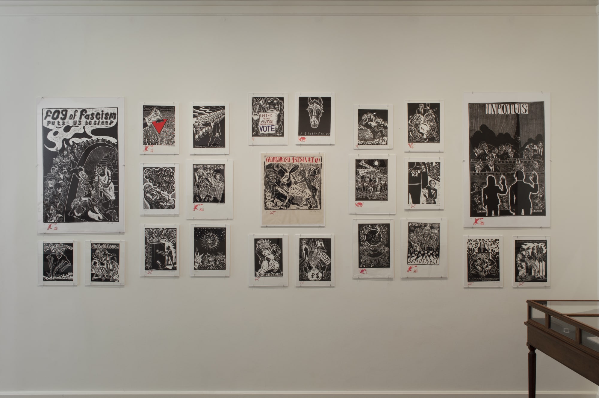 Installation photos of the exhibition "Sue Coe: It Can Happen Here," Galerie St. Etienne, New York, September 14 through December 30, 2020