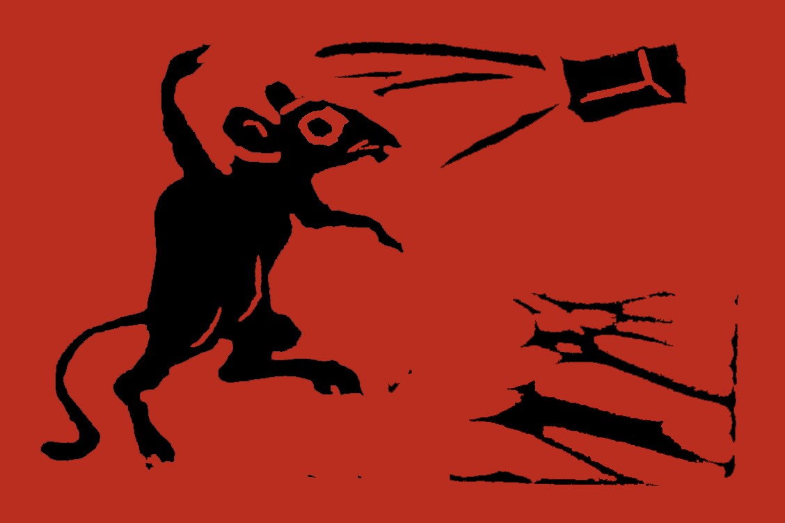 Placeholder image of Ignatz from the comic strip Krazy Kat. Ignatz throws a brick. Coe uses this image on many of her prints