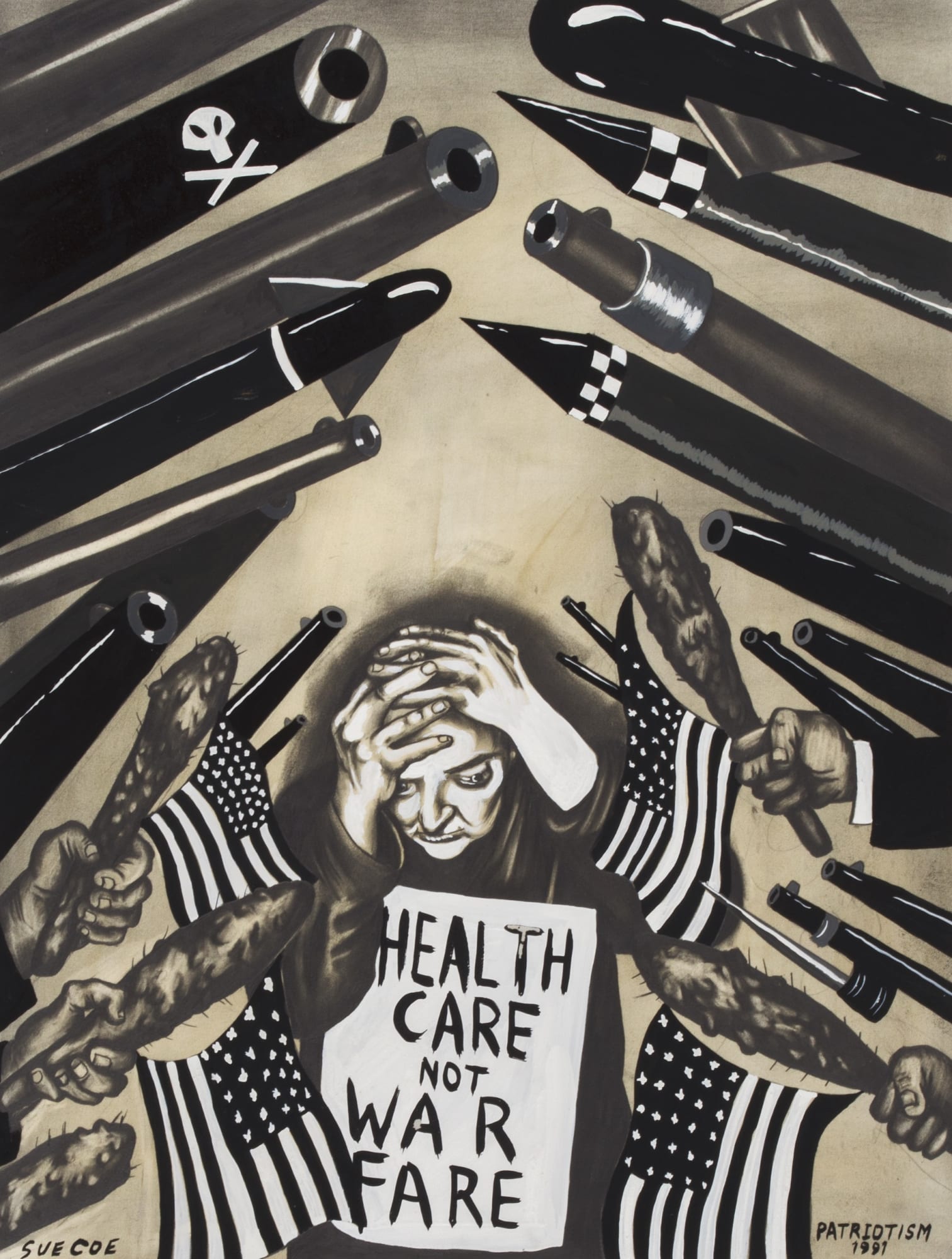 Drawing by Sue Coe shows a woman with her hands on her head in a defensive position surrounded by American flags and weapons of war. She holds a sign that reads "Healthcare not warfare."