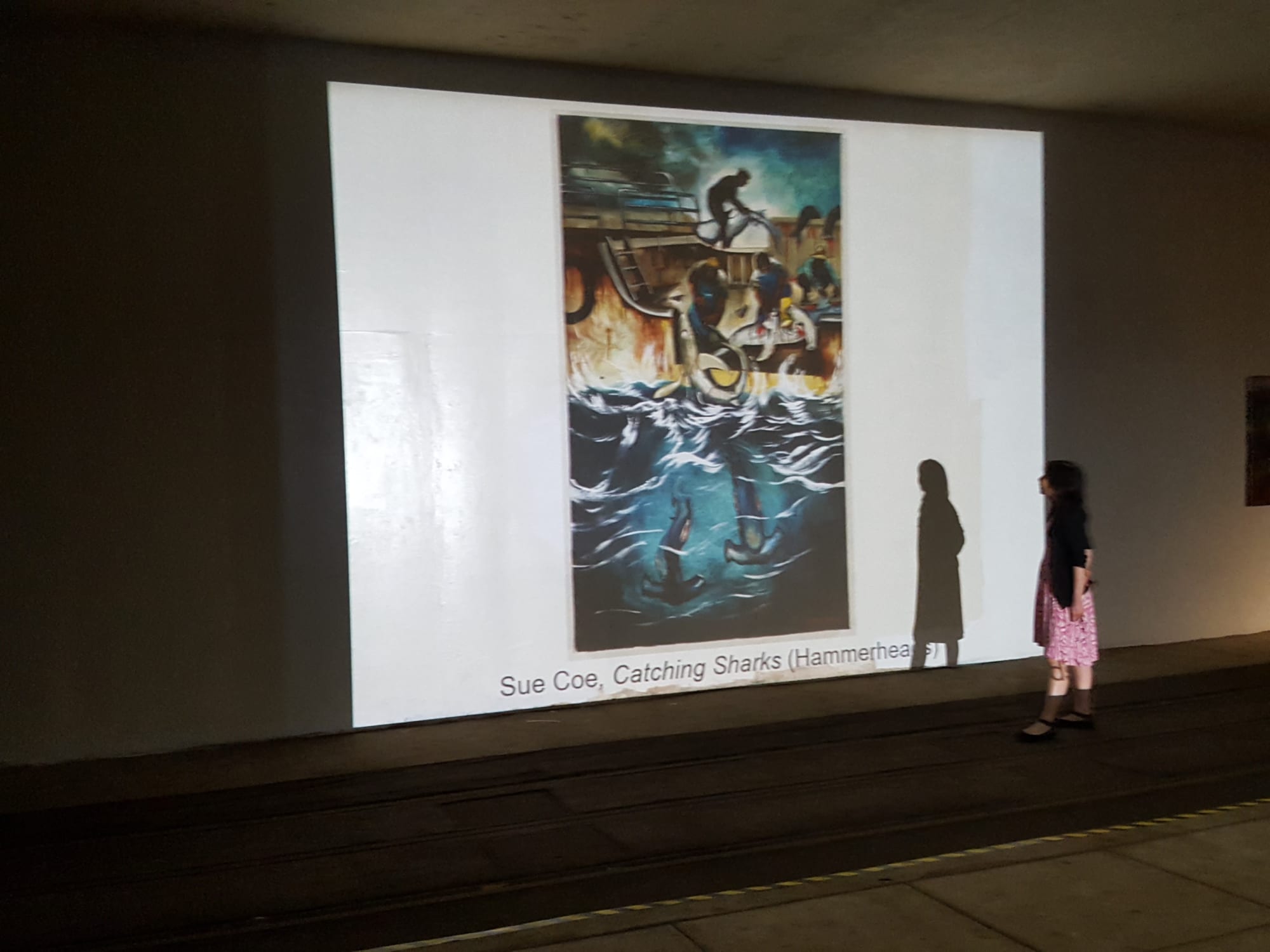 Coe's work Catching Sharks (Hammer Heads), projected onto a wall of the Dupont Underground, a former trolley tunnel. The exhibition was part of the Science and Climate DC march events that took place in 2017, and was a collaboration with the Climate Worki