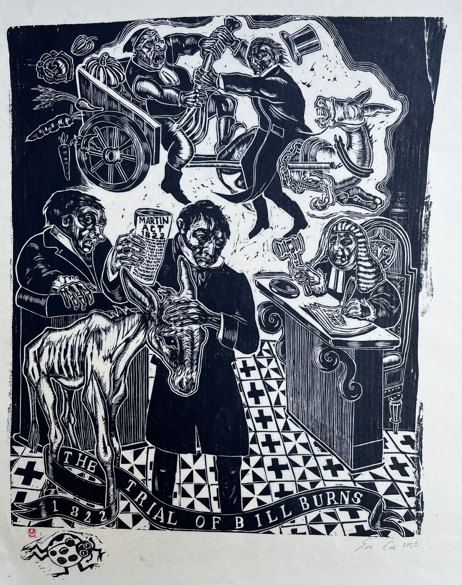 Woodcut in black and white shows a lawyer representing a man with a horse in front of a judge.