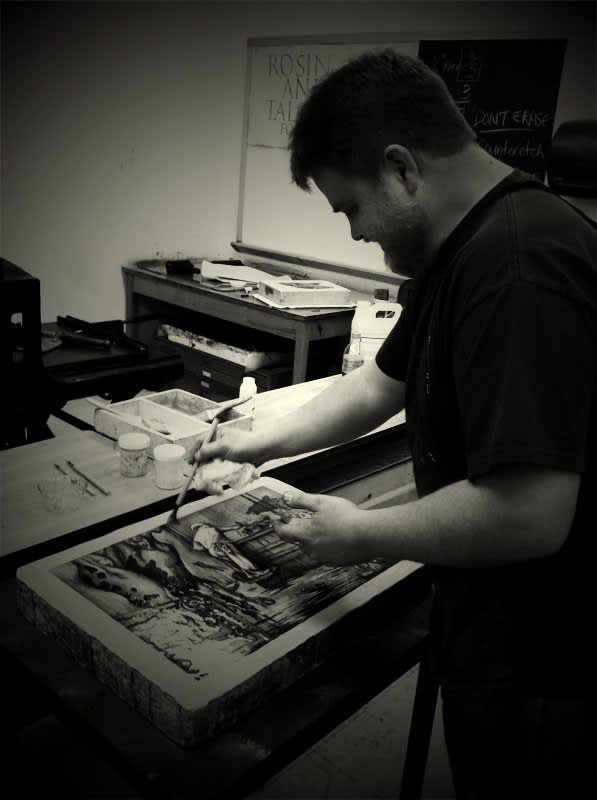 John prints Sue Draws in the Slaughterhouse at East Tennessee University, Johnson City, TN, 2011