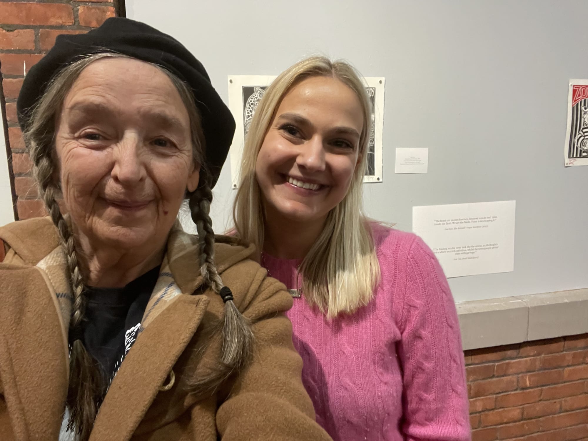 With student curator Ruby Smith at "Genocide of the Gentle, The Art of Sue Coe" exhibited at Hobart and William Smith Colleges, December 2023.