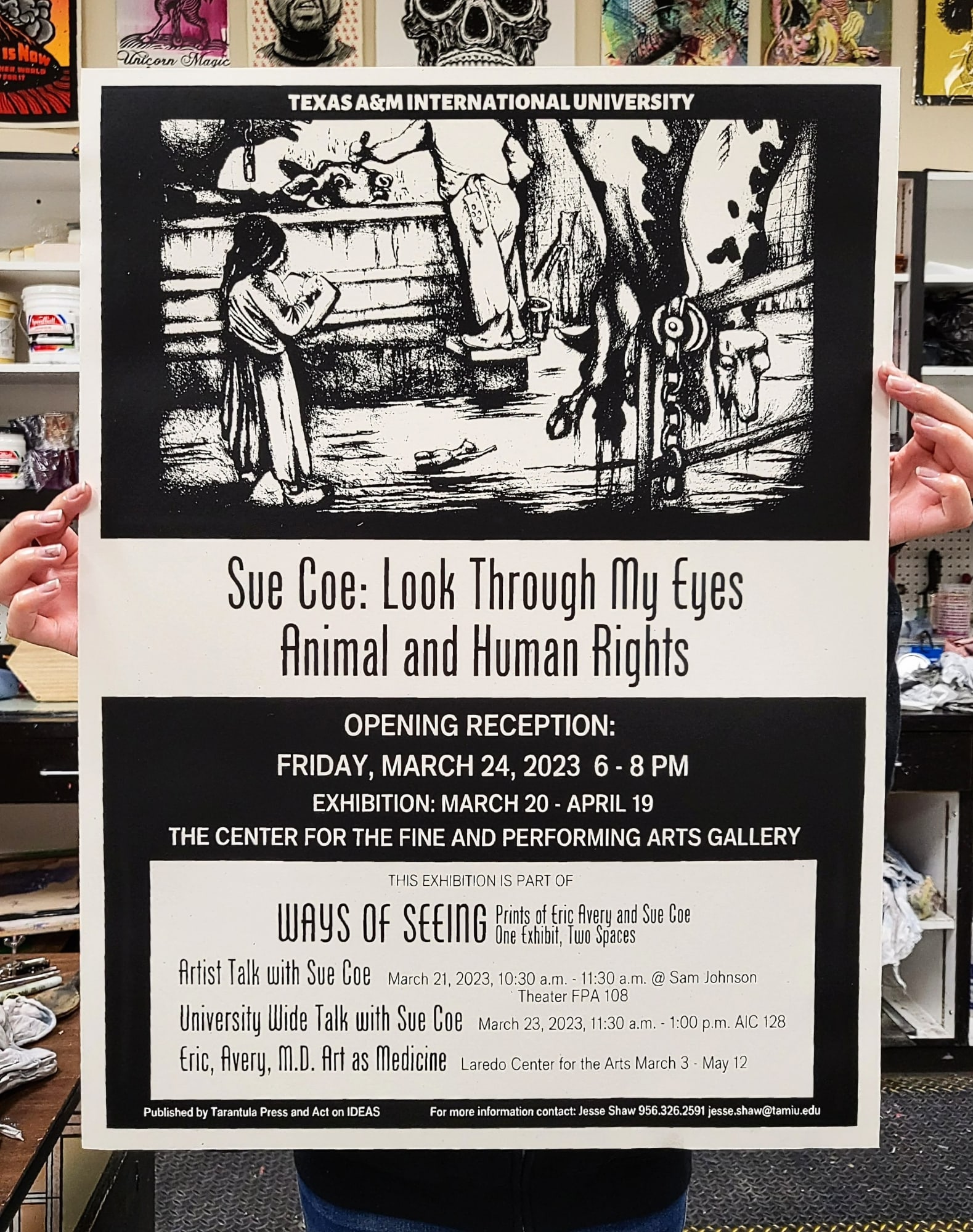Flyer for the opening of Coe's exhibition Look Through My Eyes/Animal and Human Rights at TAMIU, Laredo, Texas, 2023
