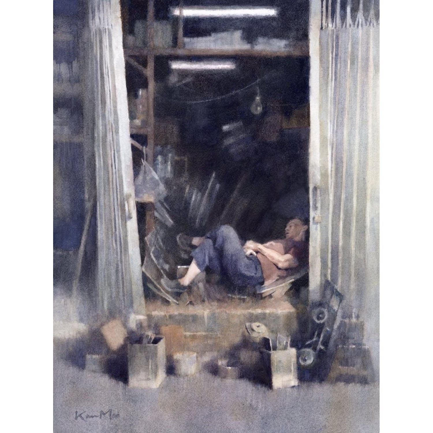 Karen Mai. Power Nap, 2023. Watercolor on paper, 40.6 x 30.4 cm.