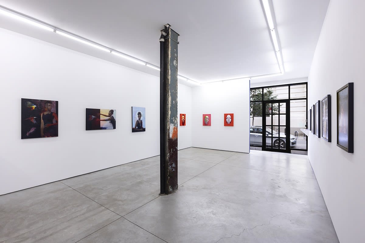 Installation view of the Figuratively Speaking exhibition featuring Aaron Nagel, John Wentz, Kip Omolade and Riley Holloway, on view at Harman Projects NYC, August 2023.