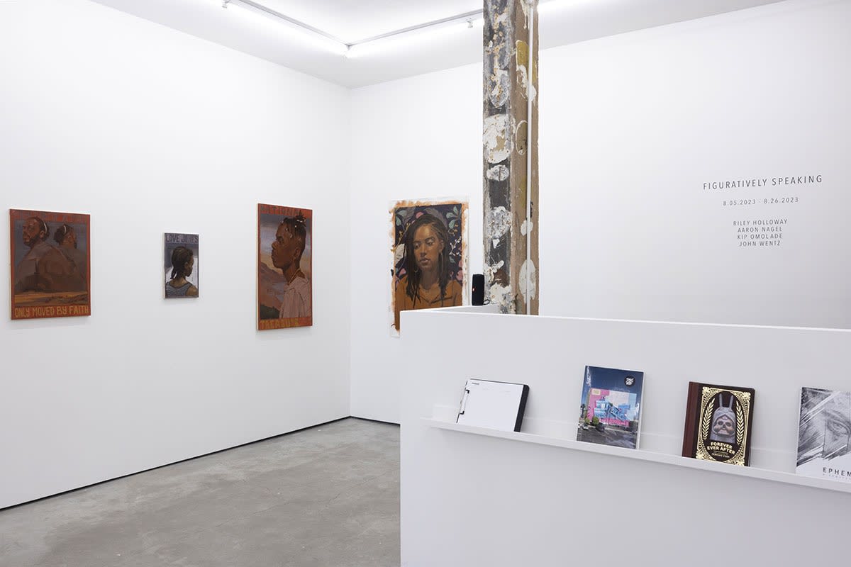 Installation view of the Figuratively Speaking exhibition featuring Aaron Nagel, John Wentz, Kip Omolade and Riley Holloway, on view at Harman Projects NYC, August 2023.