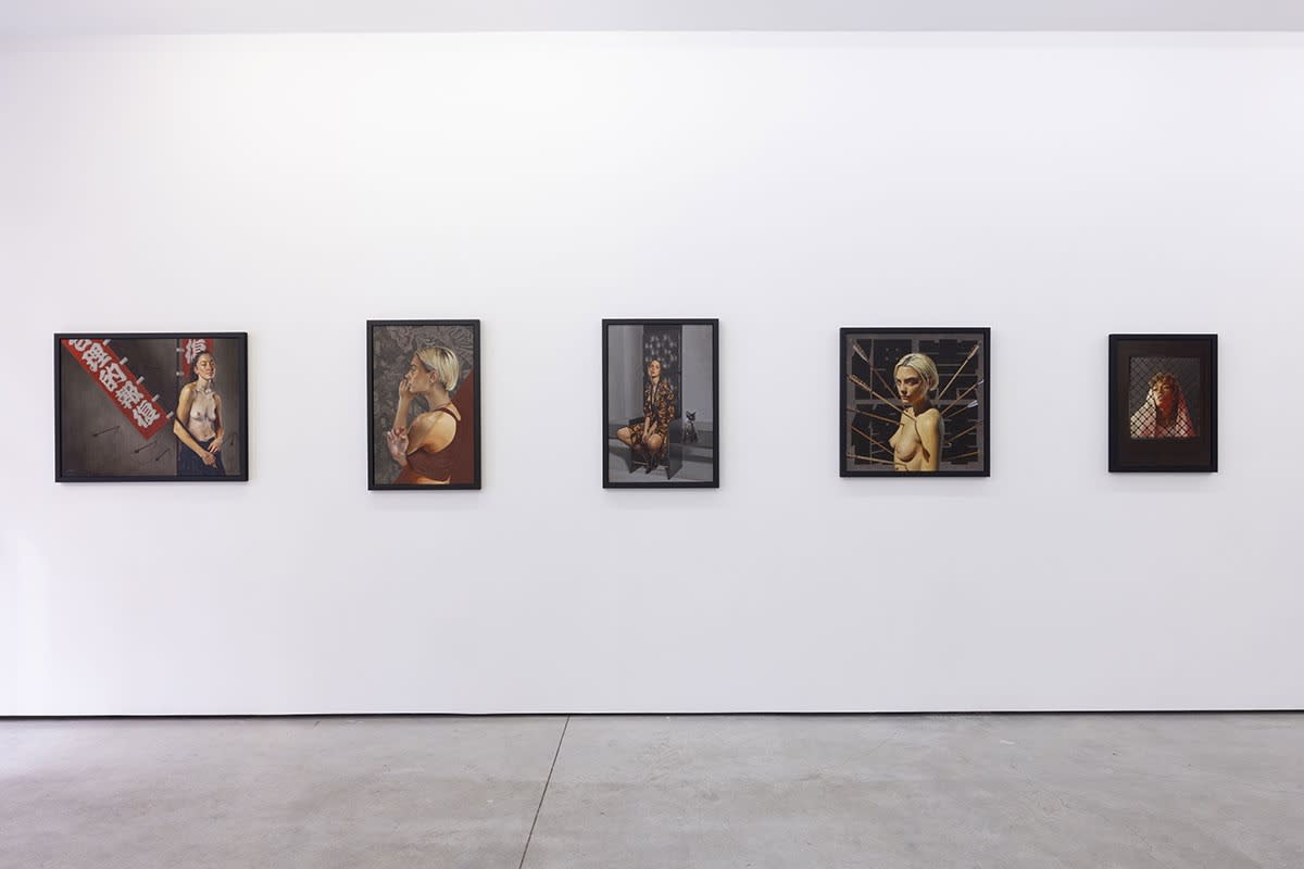 Installation view of the Figuratively Speaking exhibition featuring Aaron Nagel, John Wentz, Kip Omolade and Riley Holloway, on view at Harman Projects NYC, August 2023.