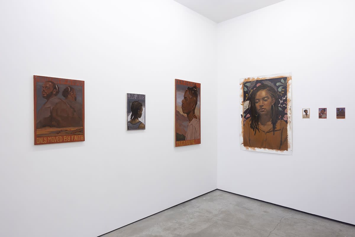 Installation view of the Figuratively Speaking exhibition featuring Aaron Nagel, John Wentz, Kip Omolade and Riley Holloway, on view at Harman Projects NYC, August 2023.