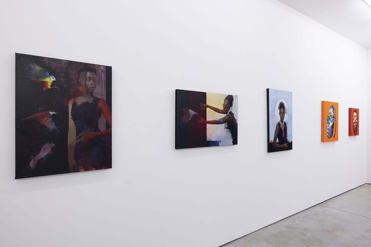 Installation view of the Figuratively Speaking exhibition featuring Aaron Nagel, John Wentz, Kip Omolade and Riley Holloway, on view at Harman Projects NYC, August 2023.