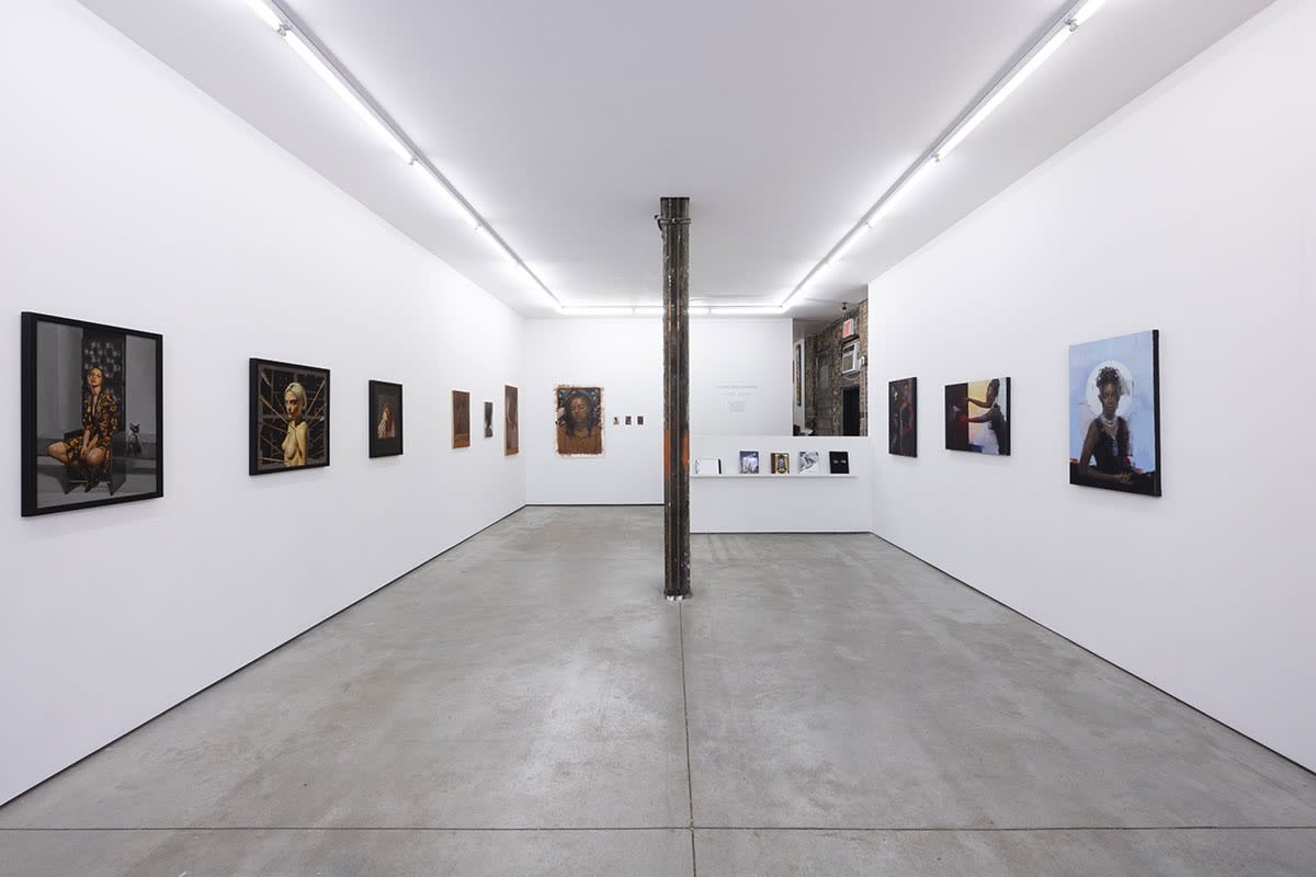 Installation view of the Figuratively Speaking exhibition featuring Aaron Nagel, John Wentz, Kip Omolade and Riley Holloway, on view at Harman Projects NYC, August 2023.