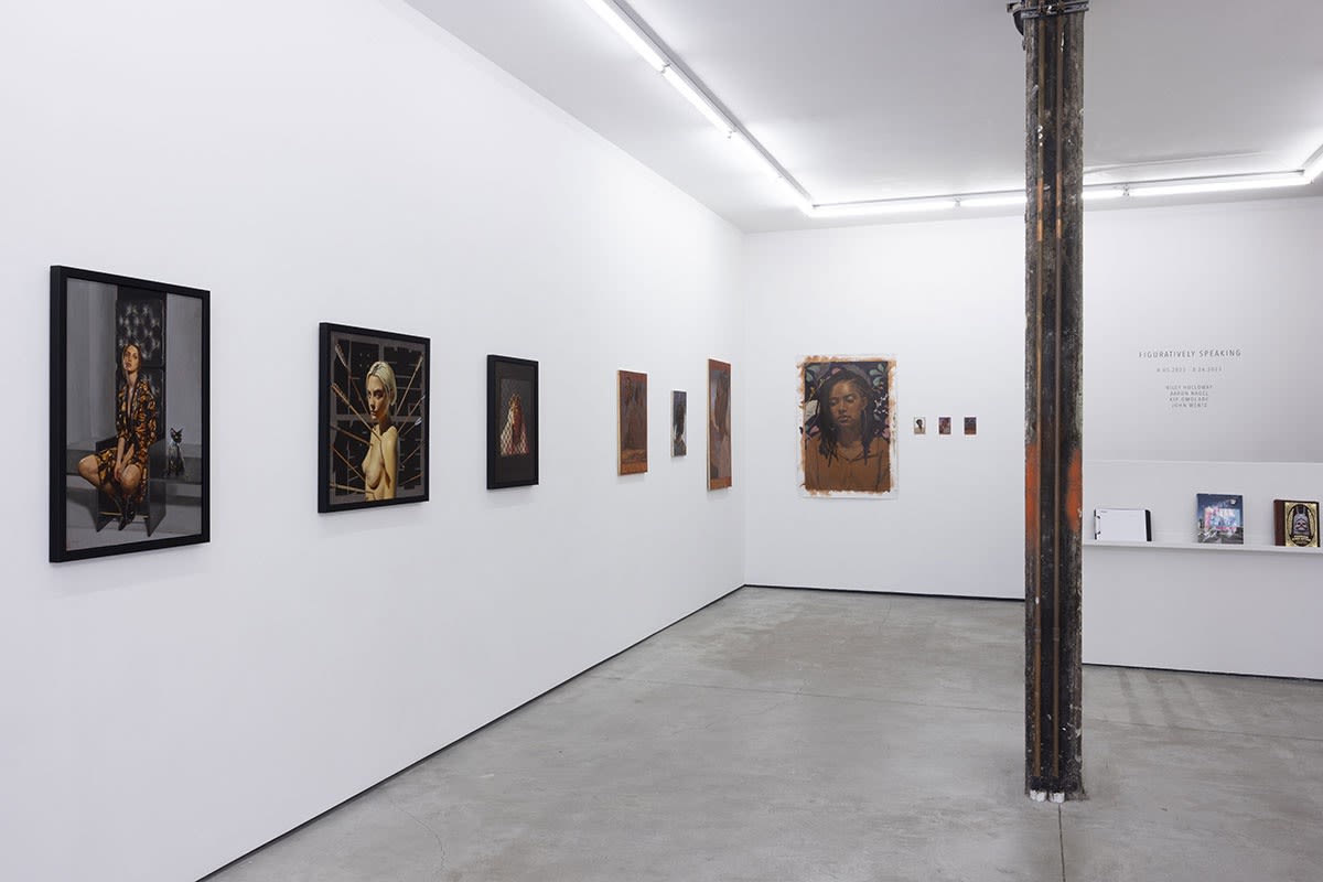 Installation view of the Figuratively Speaking exhibition featuring Aaron Nagel, John Wentz, Kip Omolade and Riley Holloway, on view at Harman Projects NYC, August 2023.