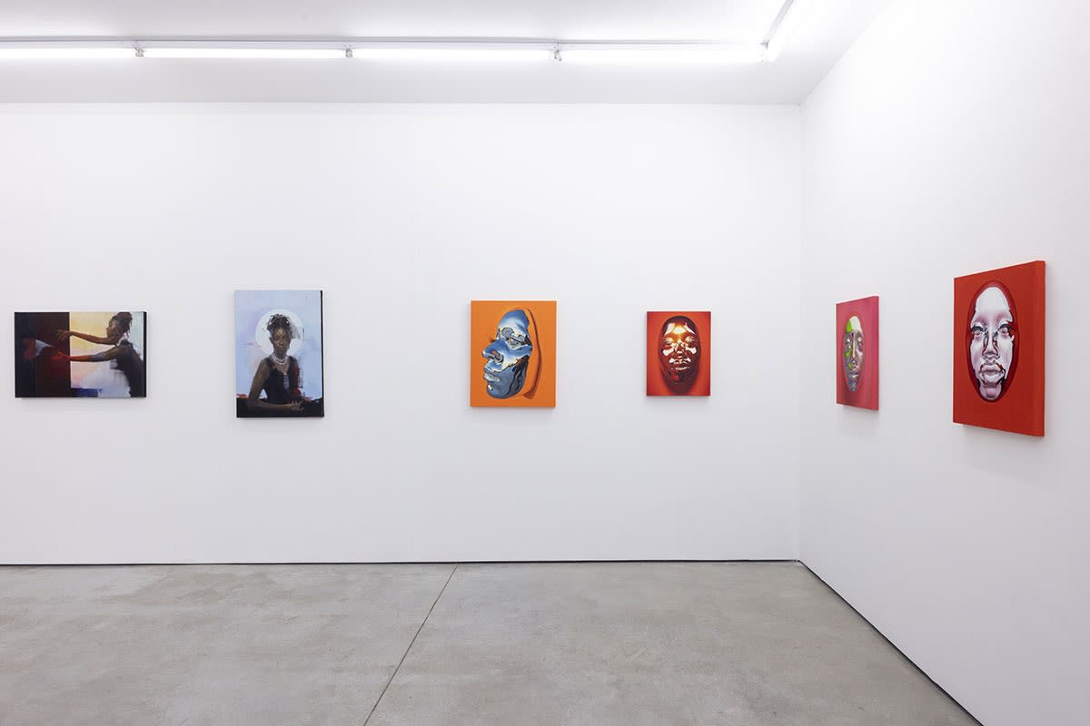 Installation view of the Figuratively Speaking exhibition featuring Aaron Nagel, John Wentz, Kip Omolade and Riley Holloway, on view at Harman Projects NYC, August 2023.