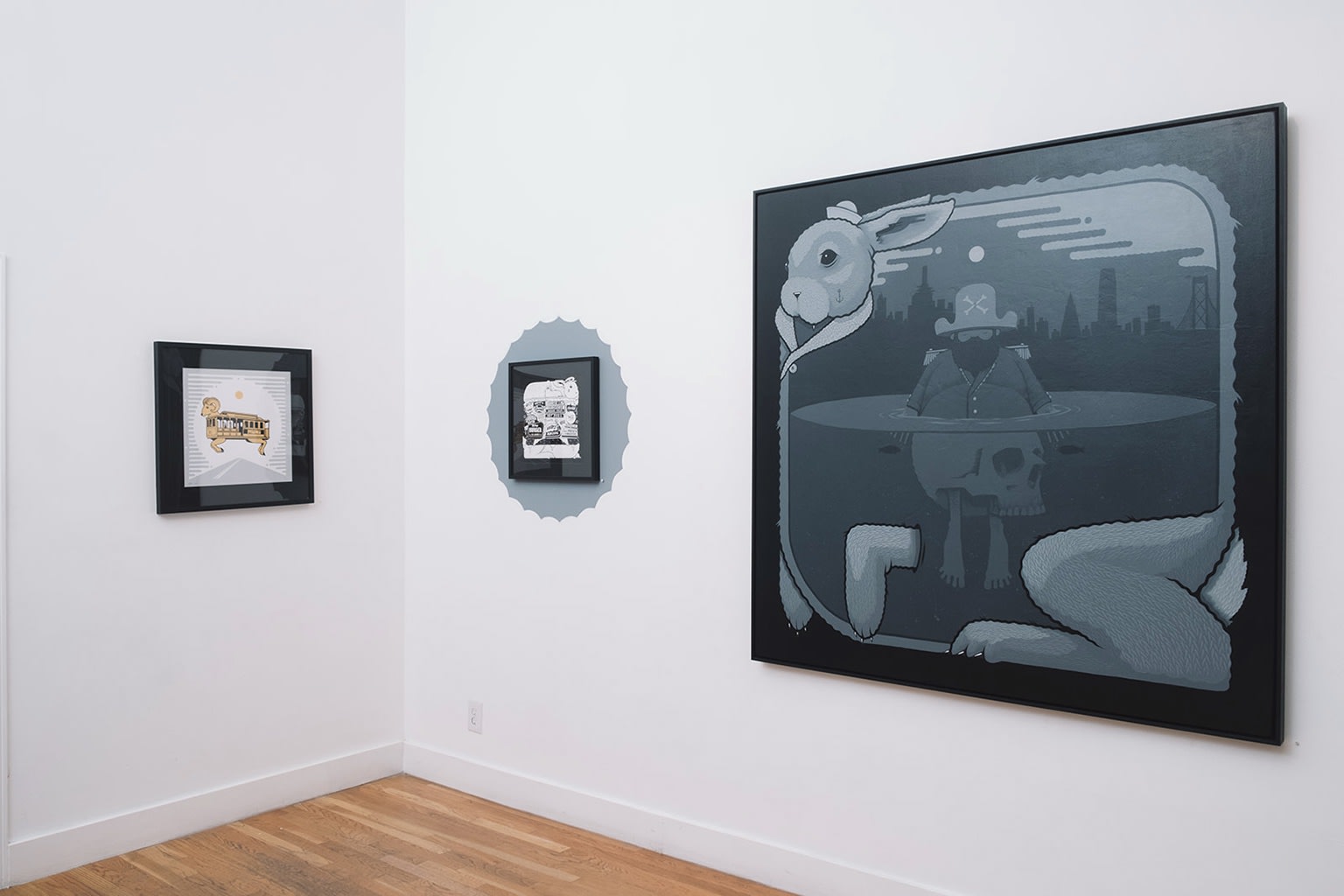 blue-grey toned Jeremy Fish work installed on a white wall