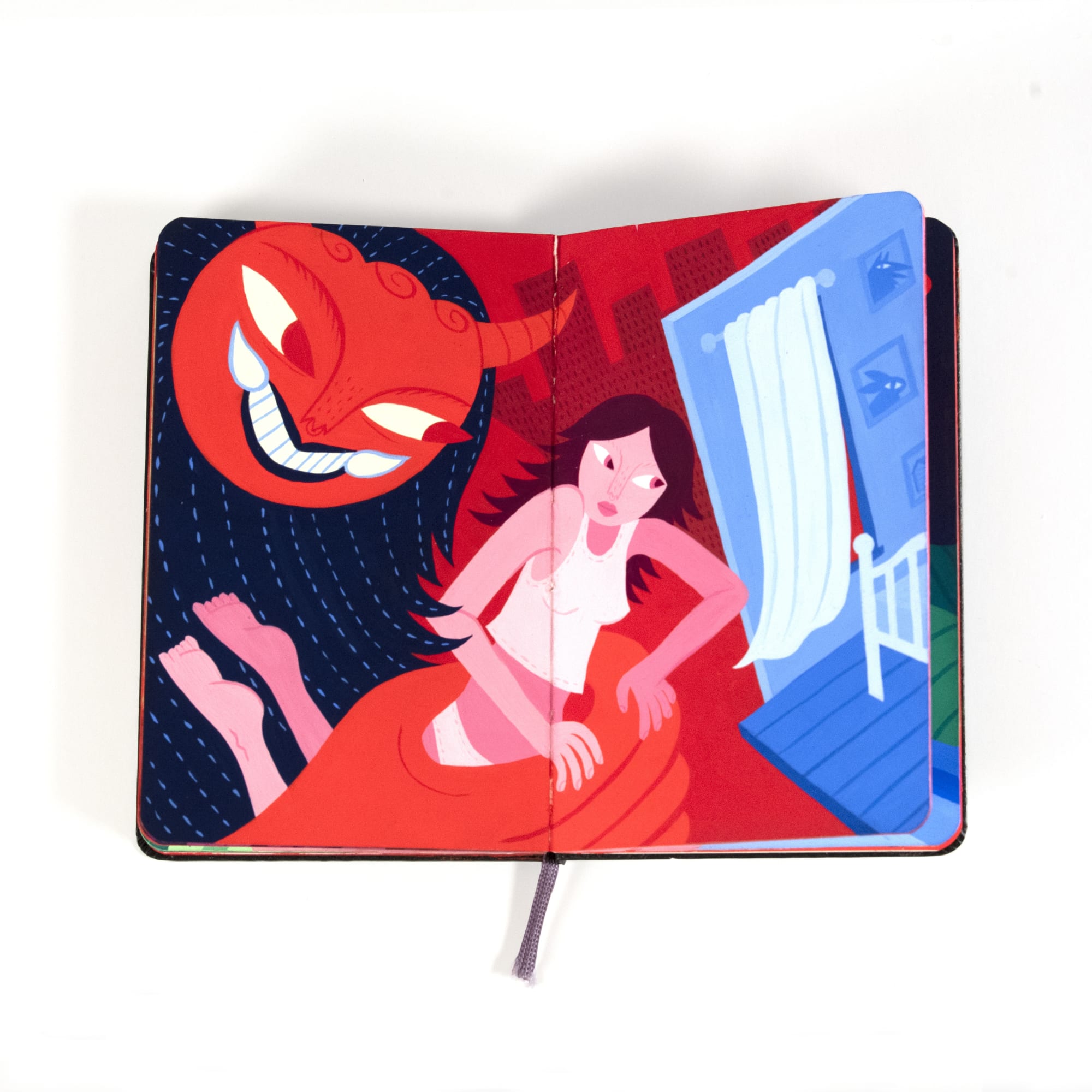 small girl being held by a large devil figure drawn in a moleskin notebook