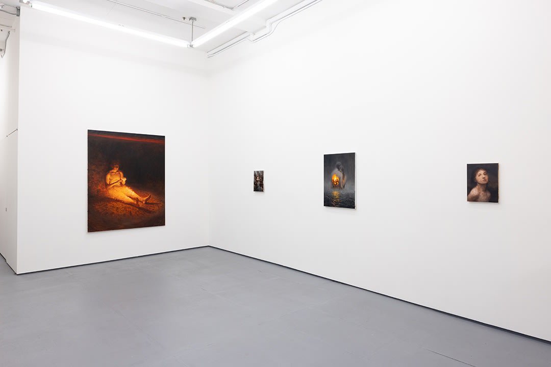 installation photo of paintings on white walls at the Miles Johnston exhibition