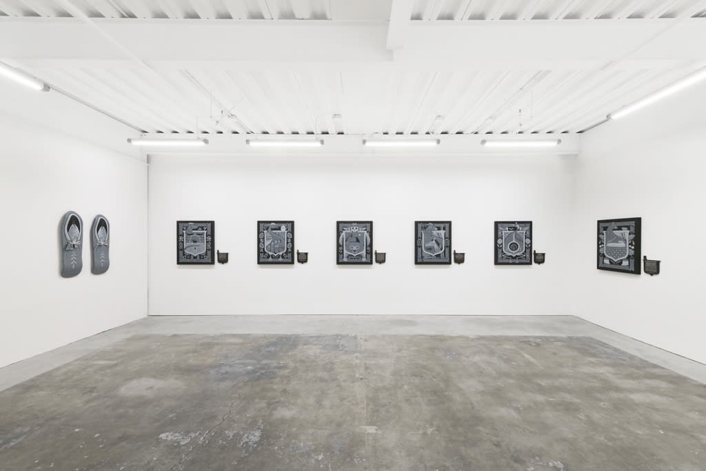 Installation view of Jeremy Fish's solo exhibition "The Moral Compass" at Harman Projects, SF. From left to right: "The Little Fish and His Momma," "The Dog in the Manger," "The Goose and The Golden Egg," "Two Travelers and A Bear," "The Mule," and "The M