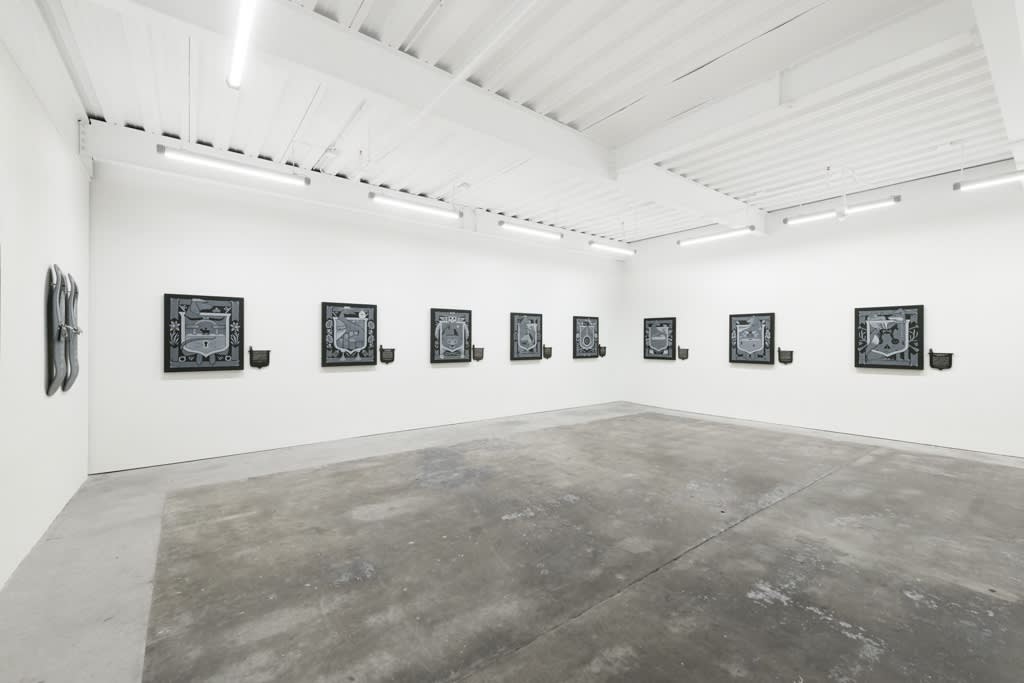 Installation view of Jeremy Fish's solo exhibition "The Moral Compass" at Harman Projects, SF. From left to right: "The Little Fish and His Momma," "The Dog in the Manger," "The Goose and The Golden Egg," "Two Travelers and A Bear," "The Mule," "The Mouse