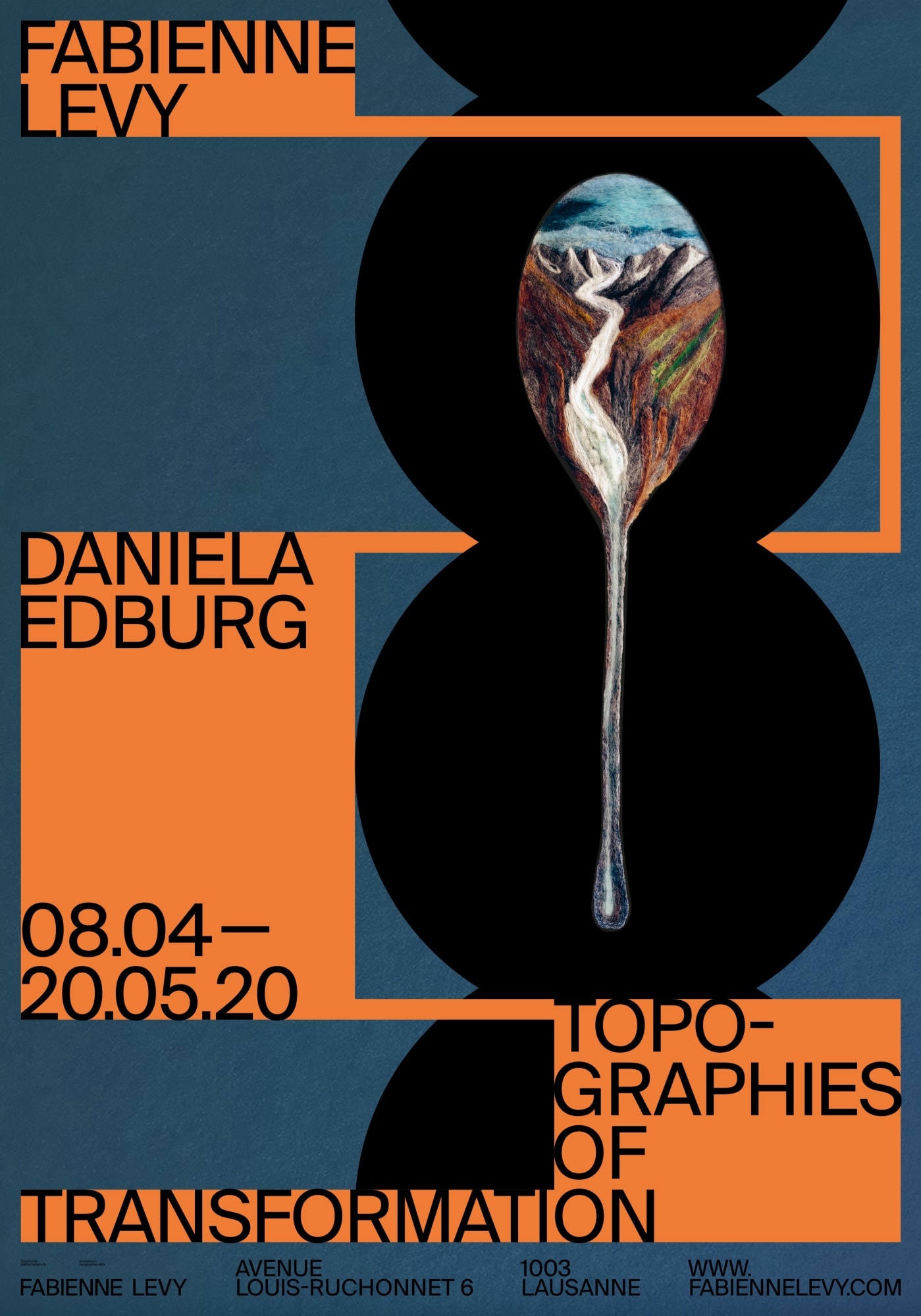 Show Poster – Daniela Edburg – Topographies of Transformation, 2020 3 colors silkscreen with digital printing on Blueback paper 115gr 128 x 89.5 cm Total printed: 100 (65 used for public display) Graphic design: © Balmer Hählen Printed by Sérigraphie Uldry AG Selected at 100 Beste Plakate 2020 (CH/DE/AT)