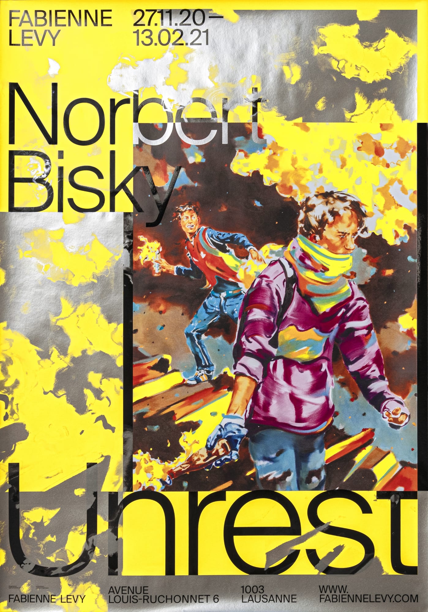 Show Poster – Norbert Bisky – Unrest, 2020 4 colors silkscreen with chrome and varnished letters on Blueback paper 115gr 128 x 89.5 cm Total printed: 100 (50 used for public display) Graphic design: © Balmer Hählen Printed by Lézard Graphique Bronze Prize at 13th International Poster Triennial in Toyama 2021 (JP)