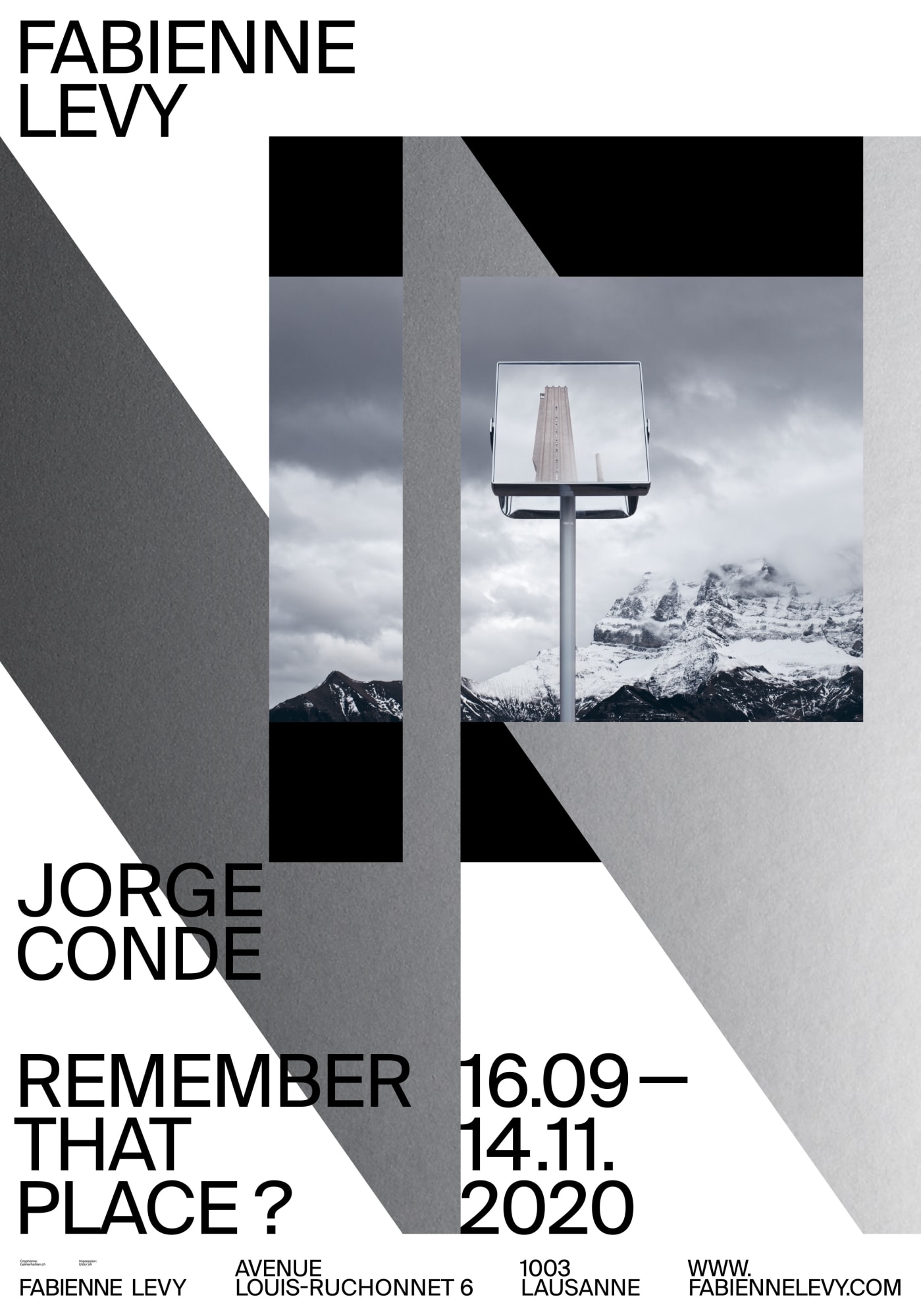 Show Poster – Jorge Conde – Remember that Place?, 2020 3 colors serigraphy with digital printing on Blueback paper 115gr 128 x 89.5 cm Total printed: 100 (70 used for public display) Graphic design: © Balmer Hählen Printed by Serigraphie Uldry AG Selected at 13th International Poster Triennial in Toyama 2021 (JP)