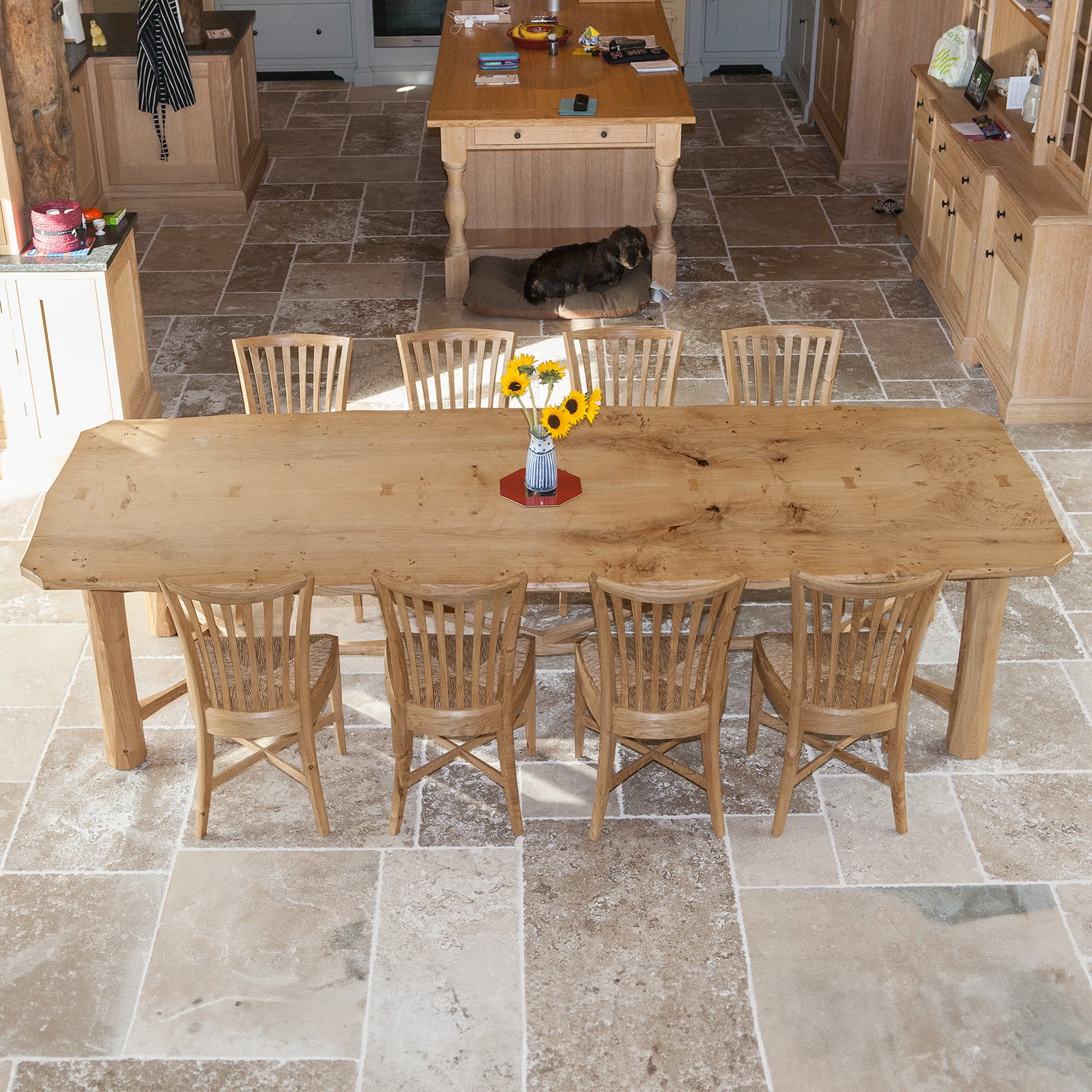 The rectangular oak kitchen table shown here was made with timber from a tree felled on the clients’ land. The two widest boards from the centre of the trunk were used to make the table top.