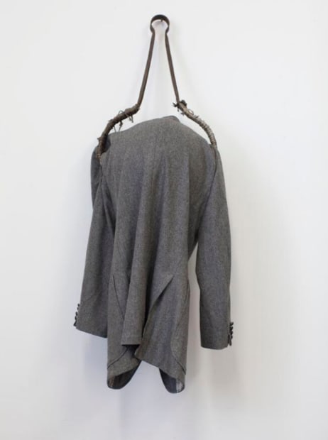 Moch Hahn You're Late, 2018 Found suit coat, metal, rope, plastic globe 107 x 40 x 26 cm (42 x 15.5 x 10 in)