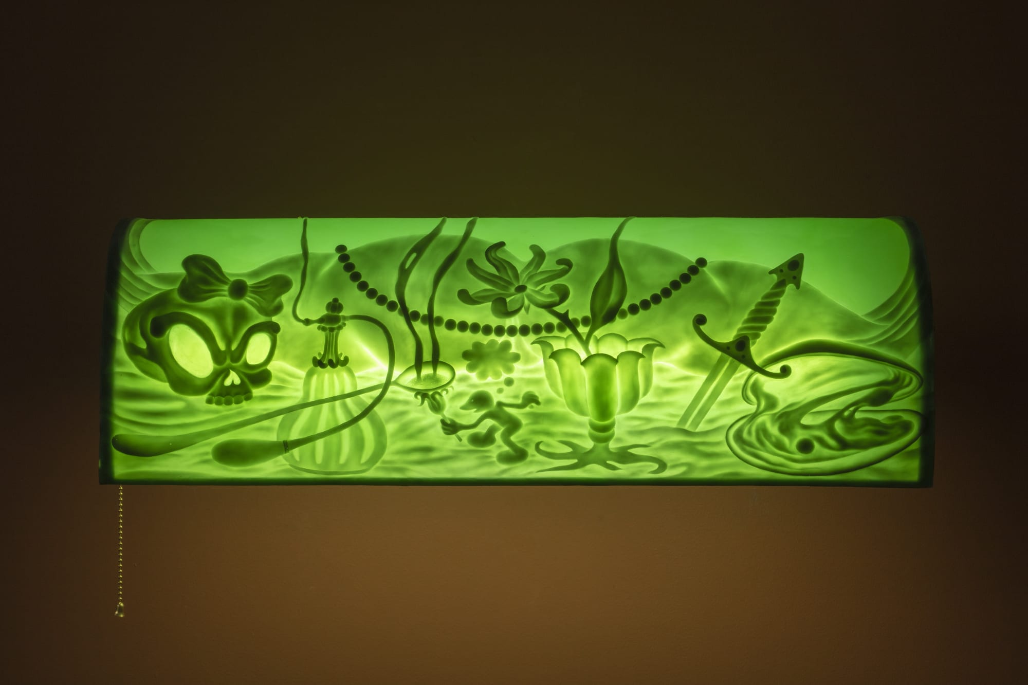 ASMA Esoteric e-girl resistance, 2023 Silicone, brass, fluorescent light bulb, electrical hardware, acrylic. 18 x 61.3 x 33.3 cm (7.1 x 24.1 x 13.1 in)