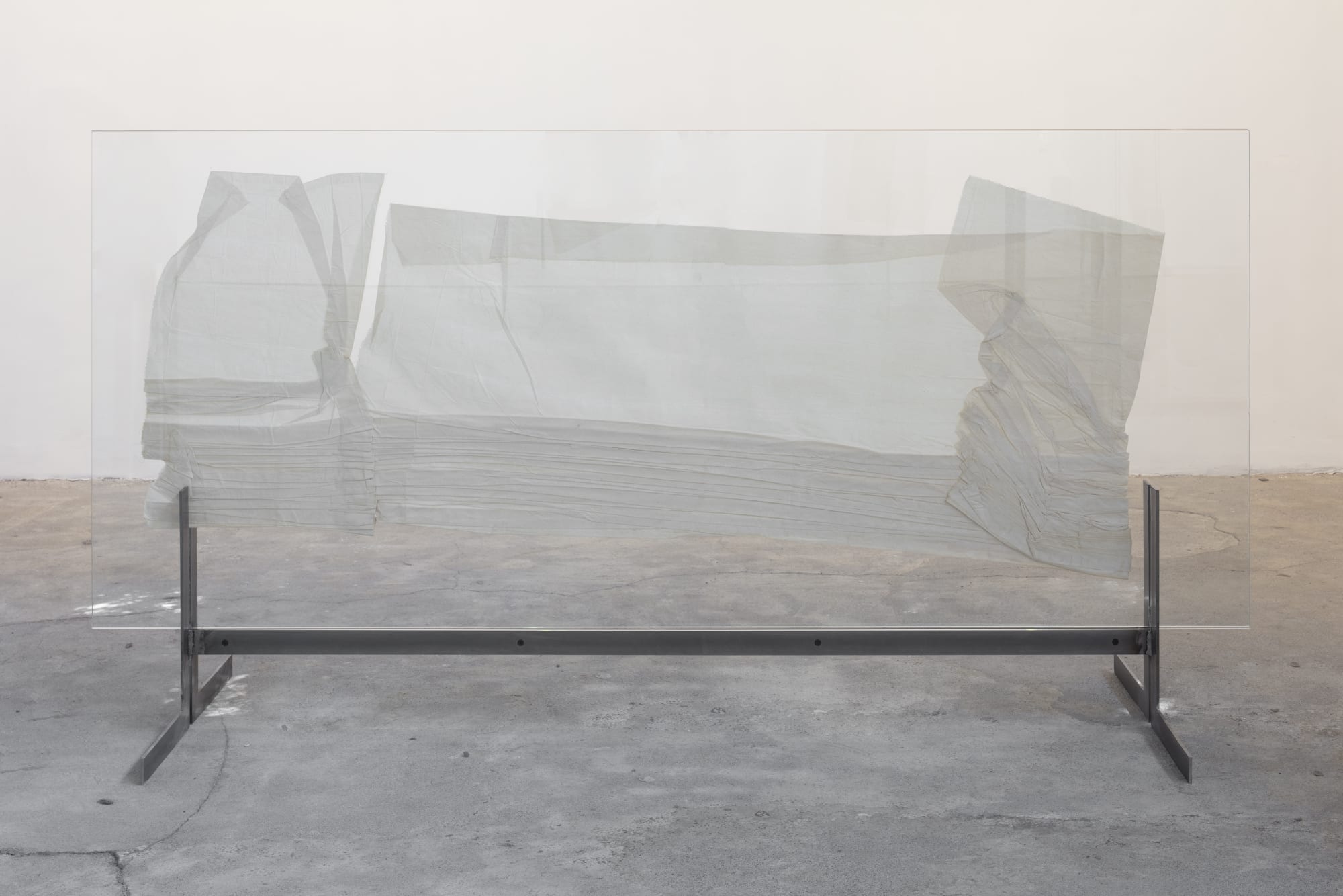 Lukas Gschwandtner Bookshelf, 2023 Glass, canvas and steel 124 x 240 x 72 cm (48.8 x 94.5 x 28.3 in)
