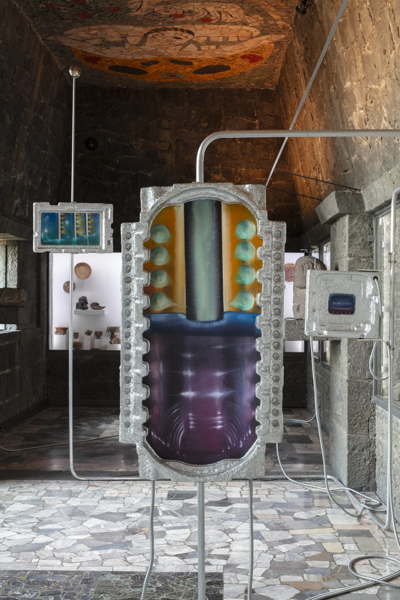 Carolina Fusilier Las inmortalistas II, 2025 Styrofoam covered with papier-mâché. Oil on canvas on wood. Aluminum tubes Painting: 107 x 59.5 x 10 cm (42.1 x 23.2 x 3.9 in) With structure: 312 x 431 x 244 cm (123.2 x 169.6 x 96 in)