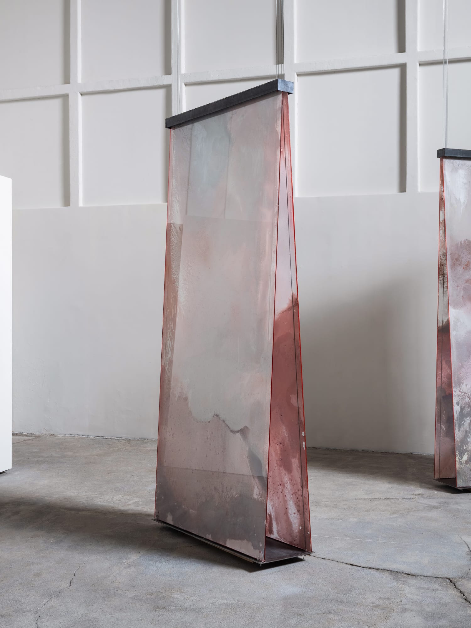 Manuela de Laborde Linde del desierto (diptych) primera y segunda, 2025 Tempered glass, gypsum, pigment, acrylic paint, salt, pvc, lacquer 242.5 x 110 x 34.9 cm (95.5 x 43.3 x 13.7 in)