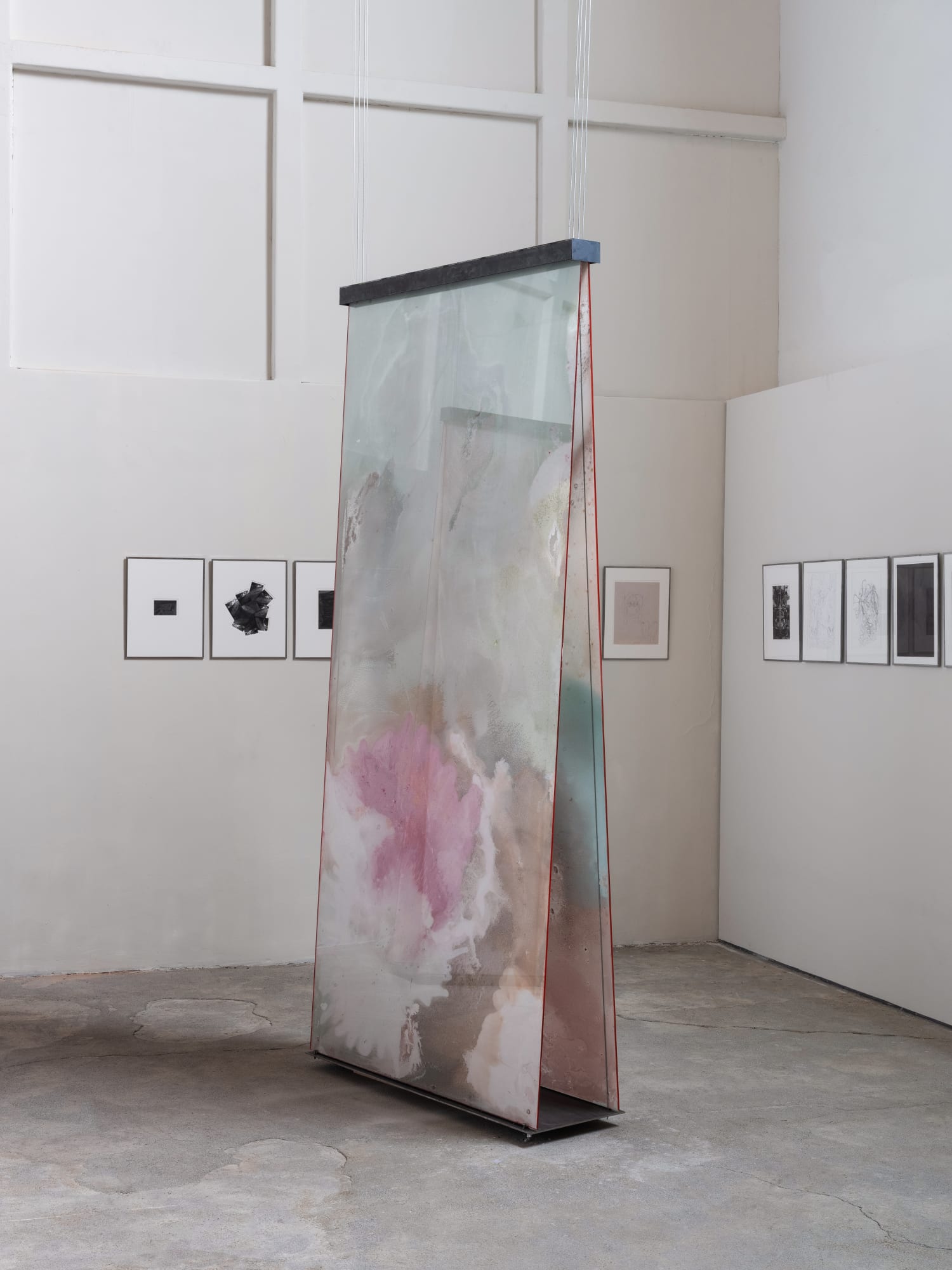 Manuela de Laborde Linde del desierto (diptych) quinta y sexta, 2025 Tempered glass, gypsum, pigment, acrylic paint, salt, pvc, lacquer. 242.5 x 110 x 34.9 cm (95.5 x 43.3 x 13.7 in)