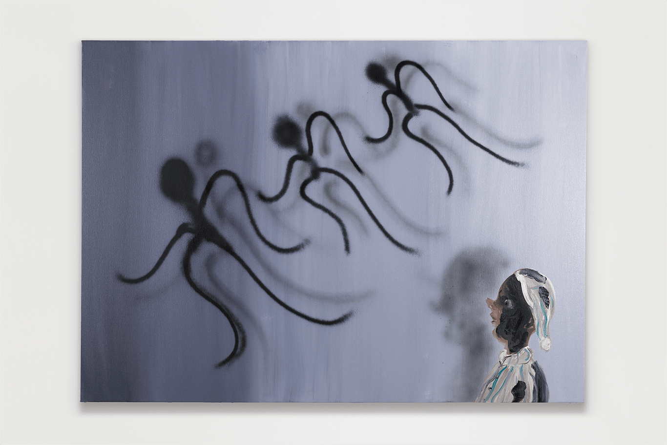 Jose Bonell Baile de sombras, 2025 Oil and spray paint on linen 100 x 140 x 3.5 cm (39.4 x x 1.4 in)