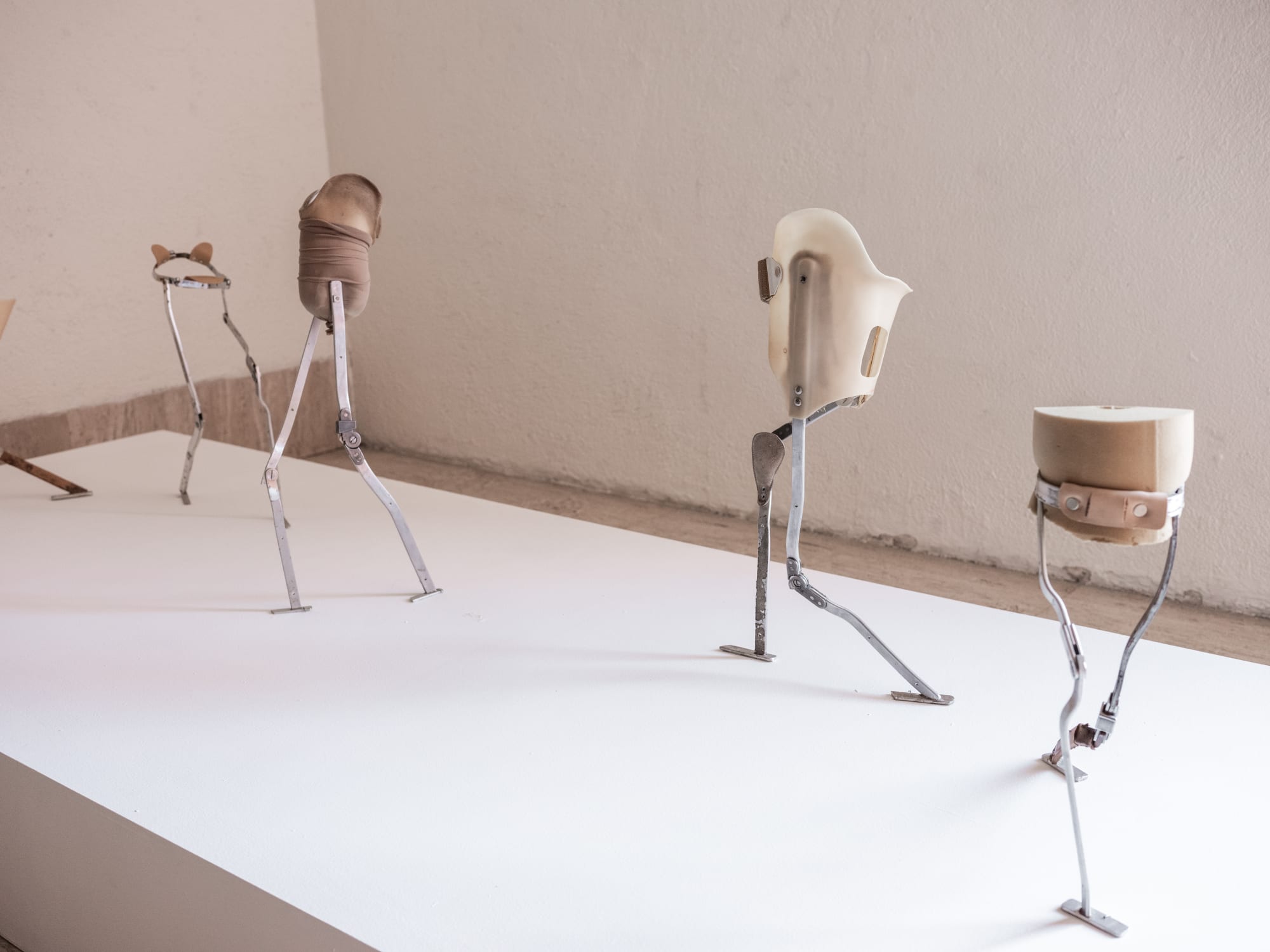 Berenice Olmedo MEKHANÉ, 2021 Cosmetic cover for prosthesis, Taylor corset belt, HKAFO aluminum bars (orthosis for knee, ankle and foot) and lumbar sacrumsash metal rods