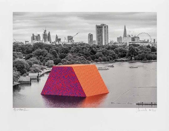 Christo The London Mastaba, Serpentine Lake, Hyde Park, 2016-2018, 2018 Giclée print, signed by Christo, Wolfgang Volz 12 1/2 x 16 1/4 in 31.8 x 41.3 cm Edition of 100 copies + 20 AP