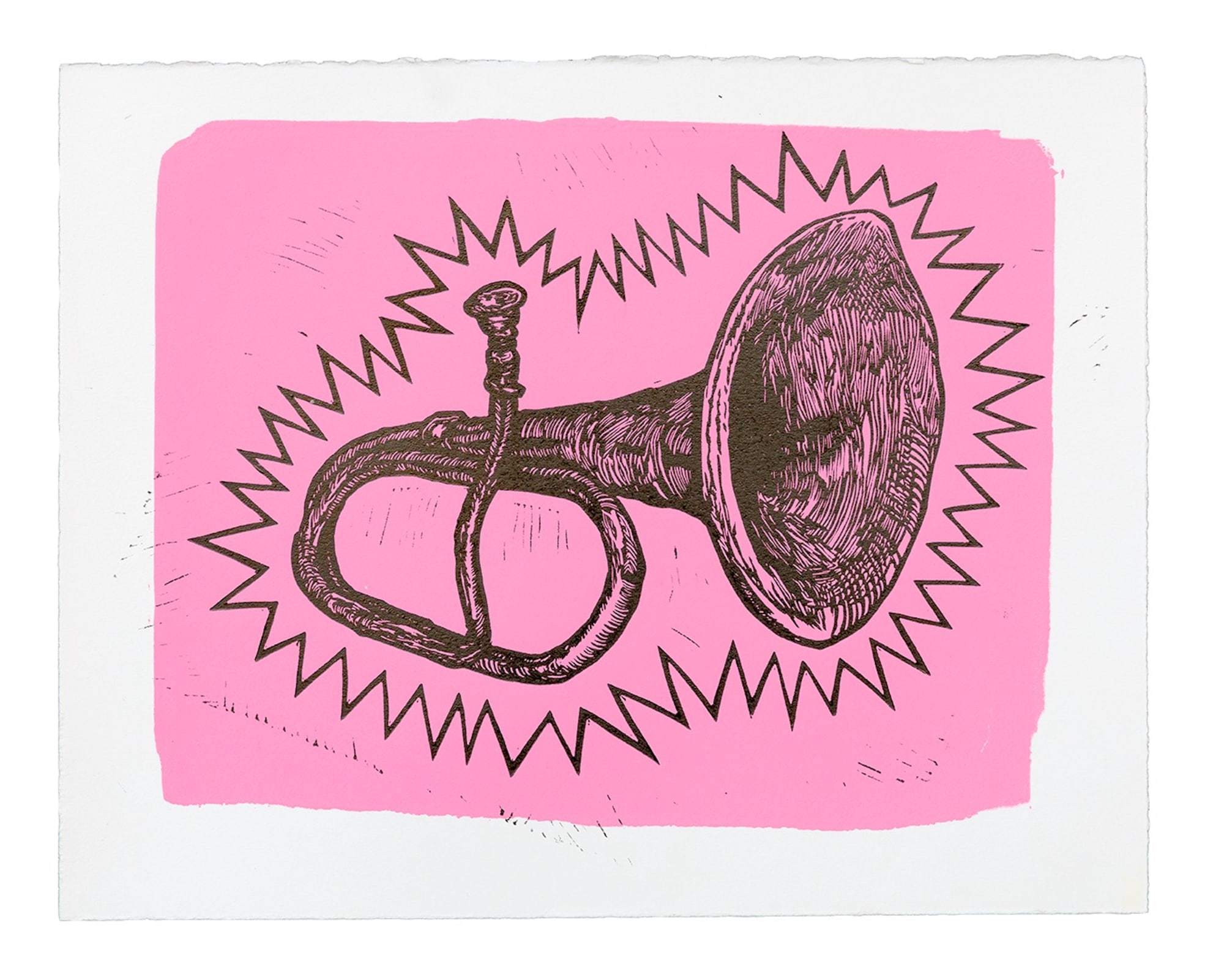 Scott Avett Horn (Black on Pink), 2015 Silkscreen and linoleum block on paper 13 x 14 1/2 in 33 x 36.8 cm Edition of 10