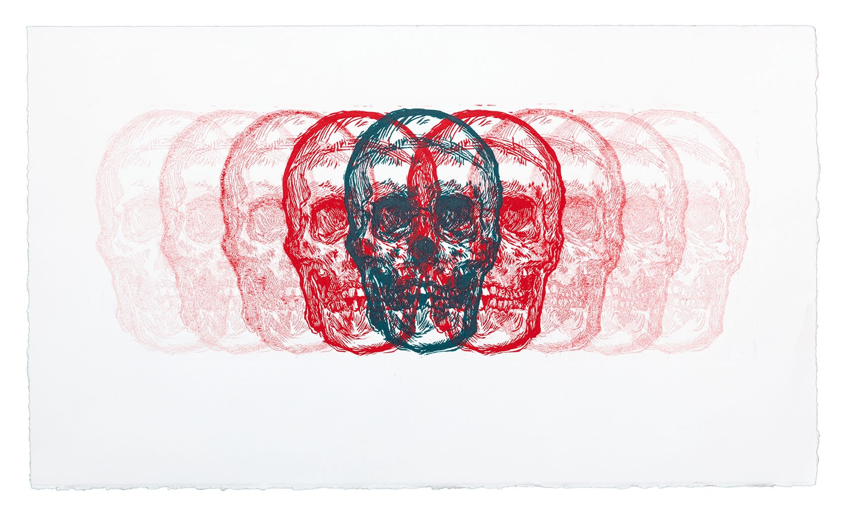 Scott Avett Reverberating Skull (Teal Over Red), 2016 Linoleum block on paper 12 x 22 in 30.5 x 55.9 cm Edition of 15
