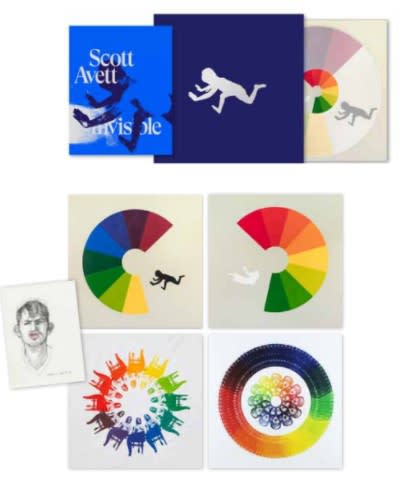 Scott Avett Invisible (Platinum Edition), 2018 Hard bound book encased in bespoke midnight blue linen box with silver foil; signed clear vinyl album with never-before-released song sketches; four signed and numbered pigment prints on archival rag paper and an original artist sketch. book: 9.8 x 11.5 in, 210 pages box: 13 x 13 x 2 in prints: 12 x 12 in, each Edition of 100