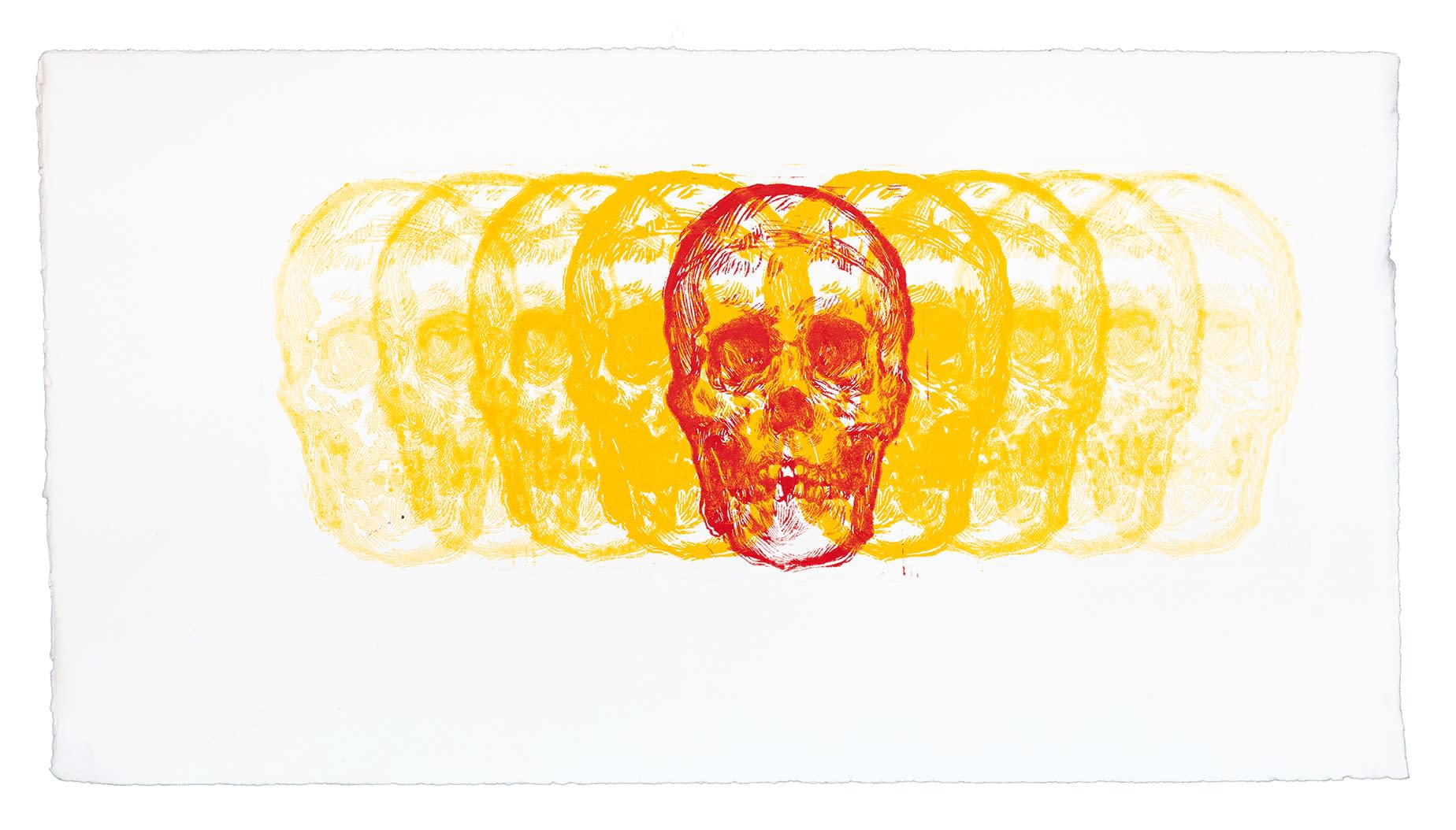 Scott Avett Reverberating Skull (Red Over Yellow), 2018 Linoleum block on paper 12 x 22 in 30.5 x 55.9 cm Edition of 15