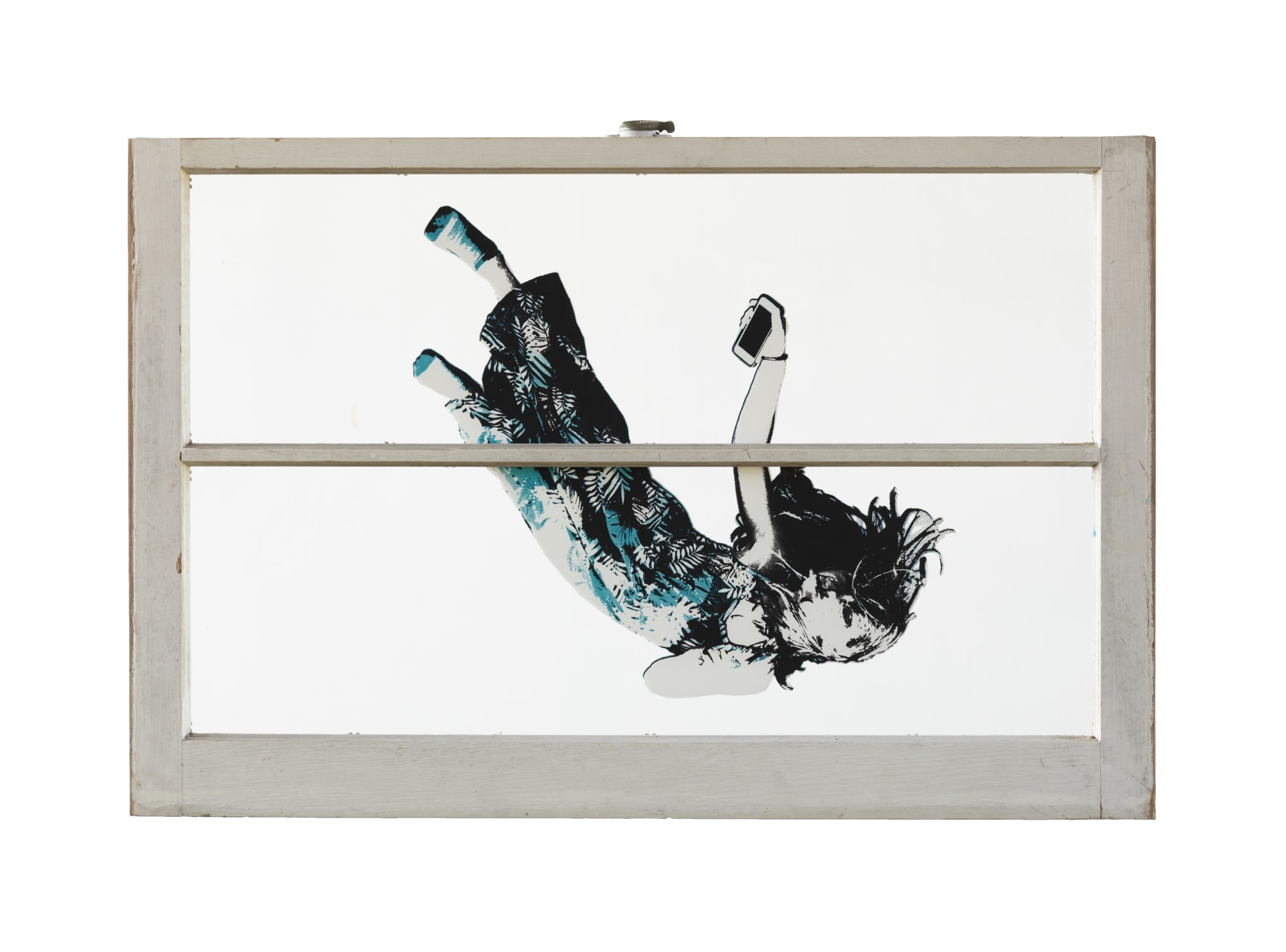 Scott Avett Falling Girl (Blue, 2 Pane Window), 2018 Silkscreen on plexiglass (double sided), mounted in vintage farmhouse window 24 x 36 in 61 x 91.4 cm