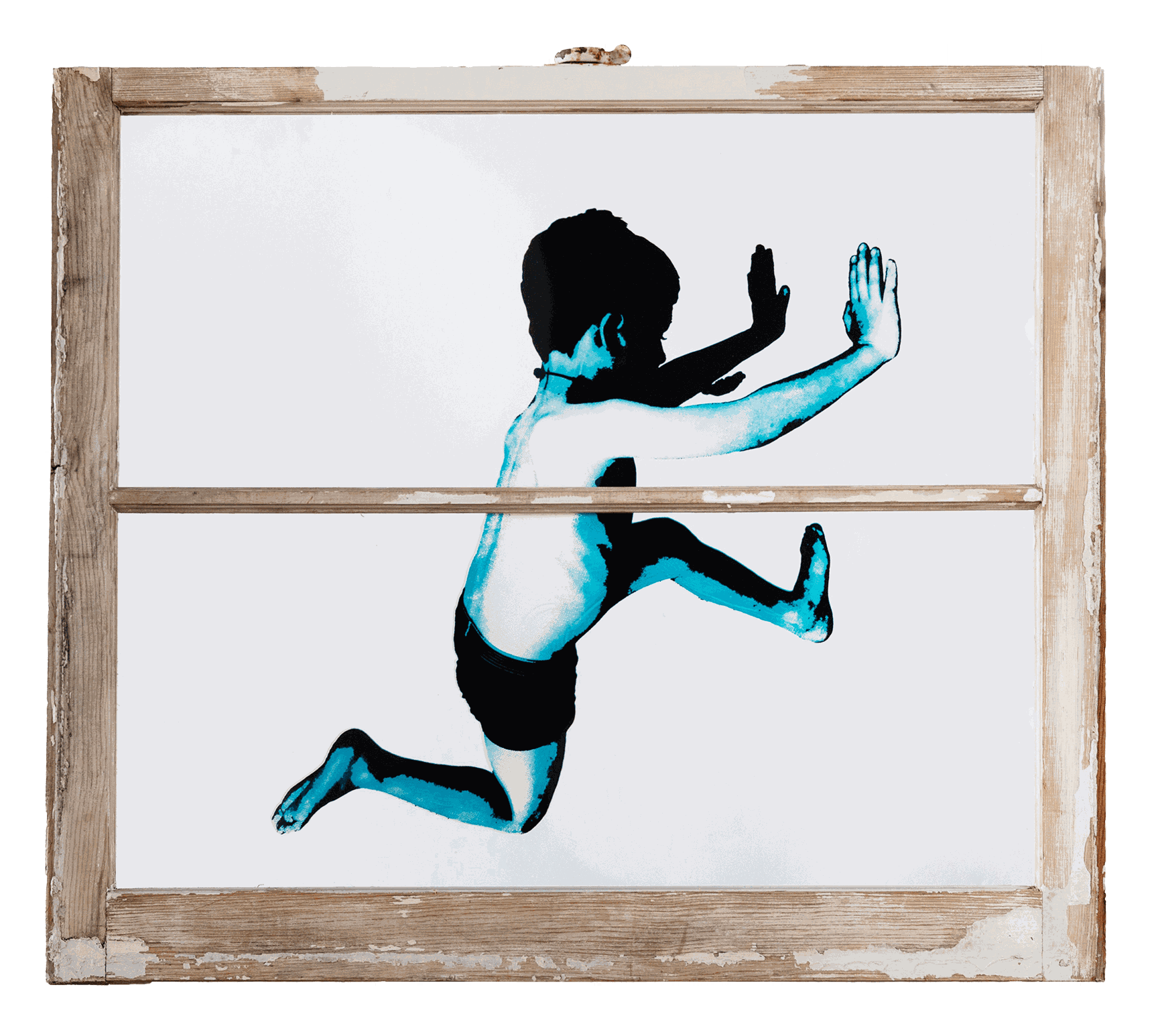 Scott Avett At My Window Jumping Boy (Blue and Red), 2018 Silkscreen and acrylic on plexiglass (double sided), mounted in vintage farmhouse 2 pane window 28 x 32 in 71.1 x 81.3 cm