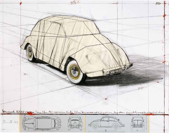 Christo Wrapped Volkswagen, Project for 1961 Volkswagen Beetle Saloon, 2013 Screenprint with collage of fabric, transparent polyethylene and twine, with felt pen and pencil additions, and photos with masking tape 22 x 28 in 55.9 x 71.1 cm Edition of 160
