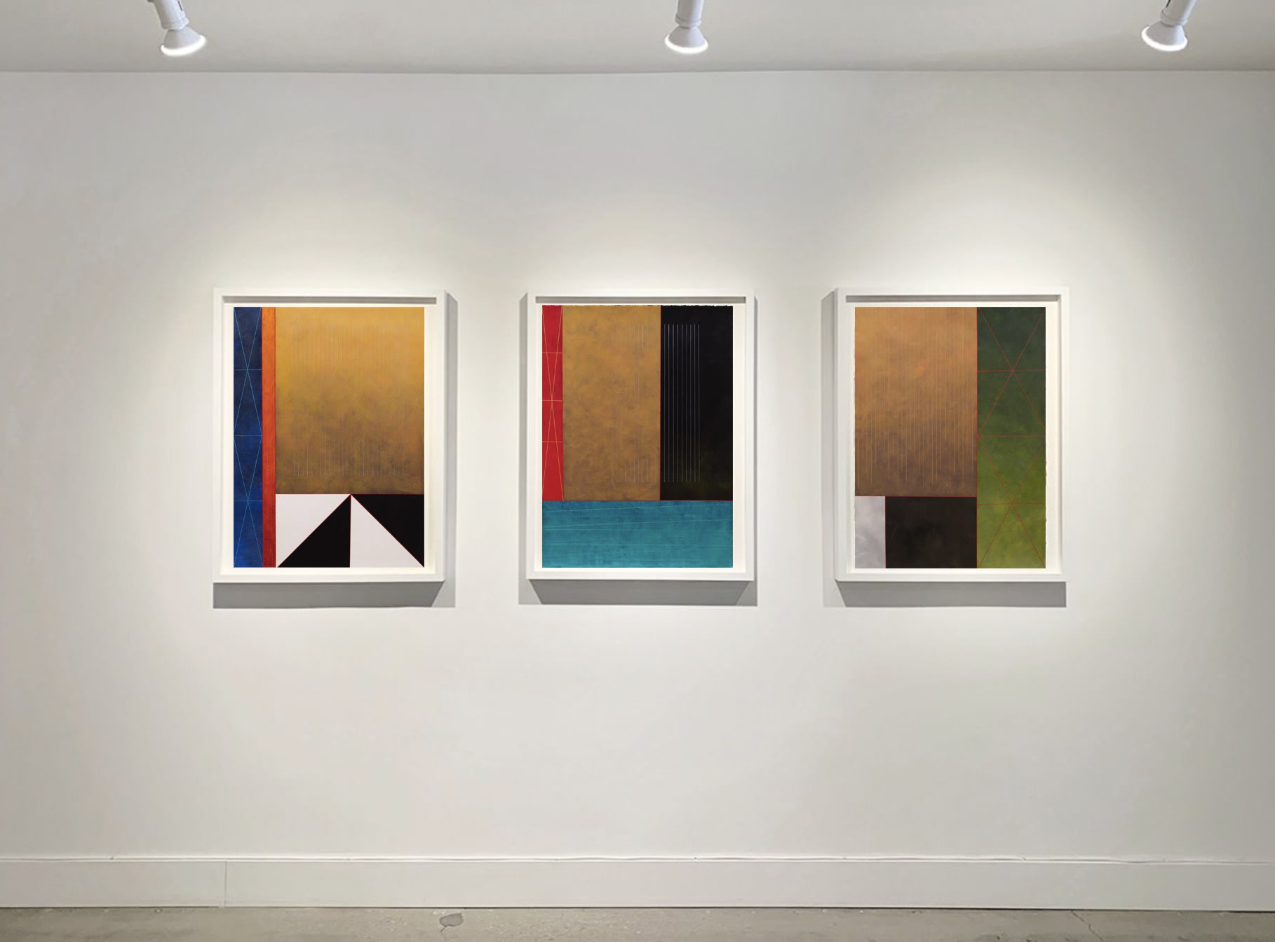 Richard Carter Remnant Sequence IV, II and I, 2022 Mixed Media on Paper 35 x 27 1/2 in ea (framed) 88.9 x 69.8 cm (framed)