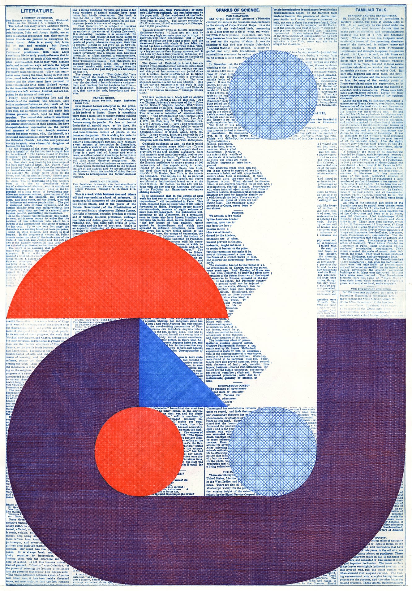 Evan Hecox Sparks of Science, 2025 Pen and ink drawing on cyanotype of vintage newspaper 32 x 24 in 81.3 x 61 cm