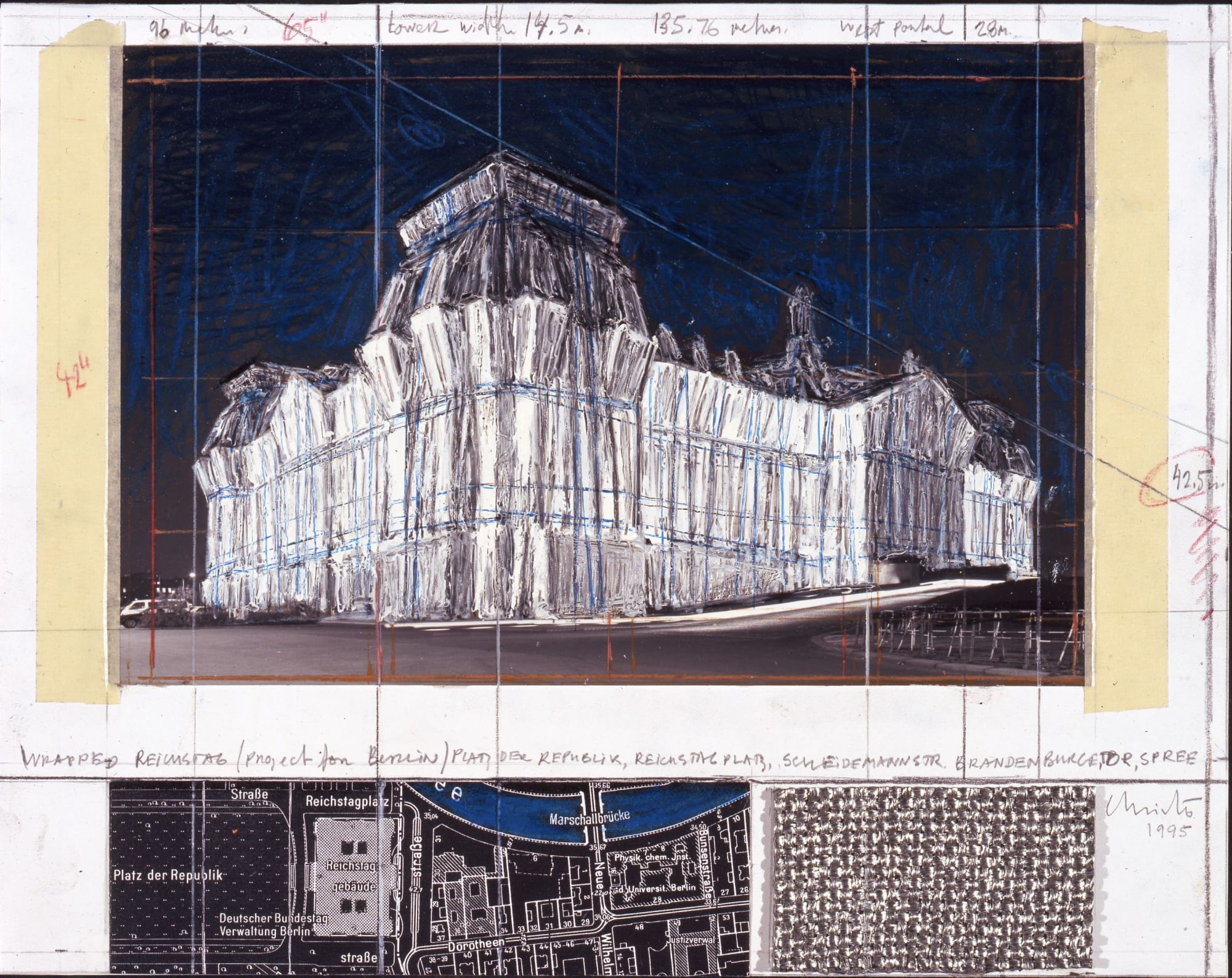Christo Wrapped Reichstag, Project for Berlin, 1995 On verso Pencil, enamel paint, wax crayon, photograph by Wolfgang Volz, fabric sample, map and tape 11 x 14 in 27.9 x 35.6 cm