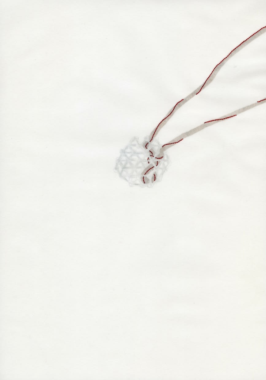 Rauð saumspor, 2013 Paper, seam stitches, pencil, water colours, calcpaper Rauð saumspor, 2013 29,7 x 21 cm GRI0052