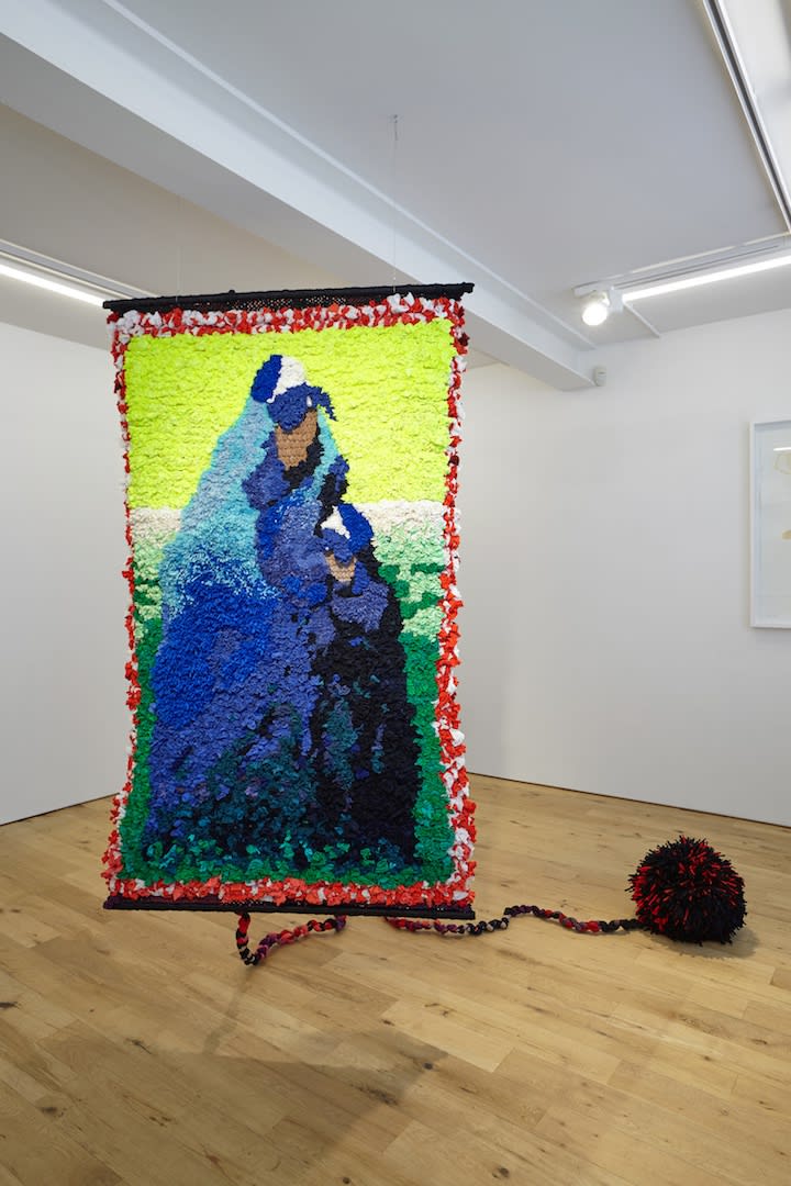 Samþykki / Consent, 2019 sokkarbuxur, ull og perlur / nylon tights, wool and pearls 192 x 119 cm