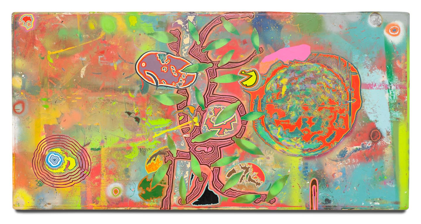 Absurd fruit (absúrd frút), 2017 Blönduð tækni á fundinn við / Mixed media on found wood 60 x 120 cm