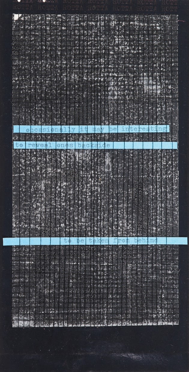 untitled - behind, 2017 text, watercolour, thread, carbon paper and sanded ink drawing 22,9 x 11,7 cm